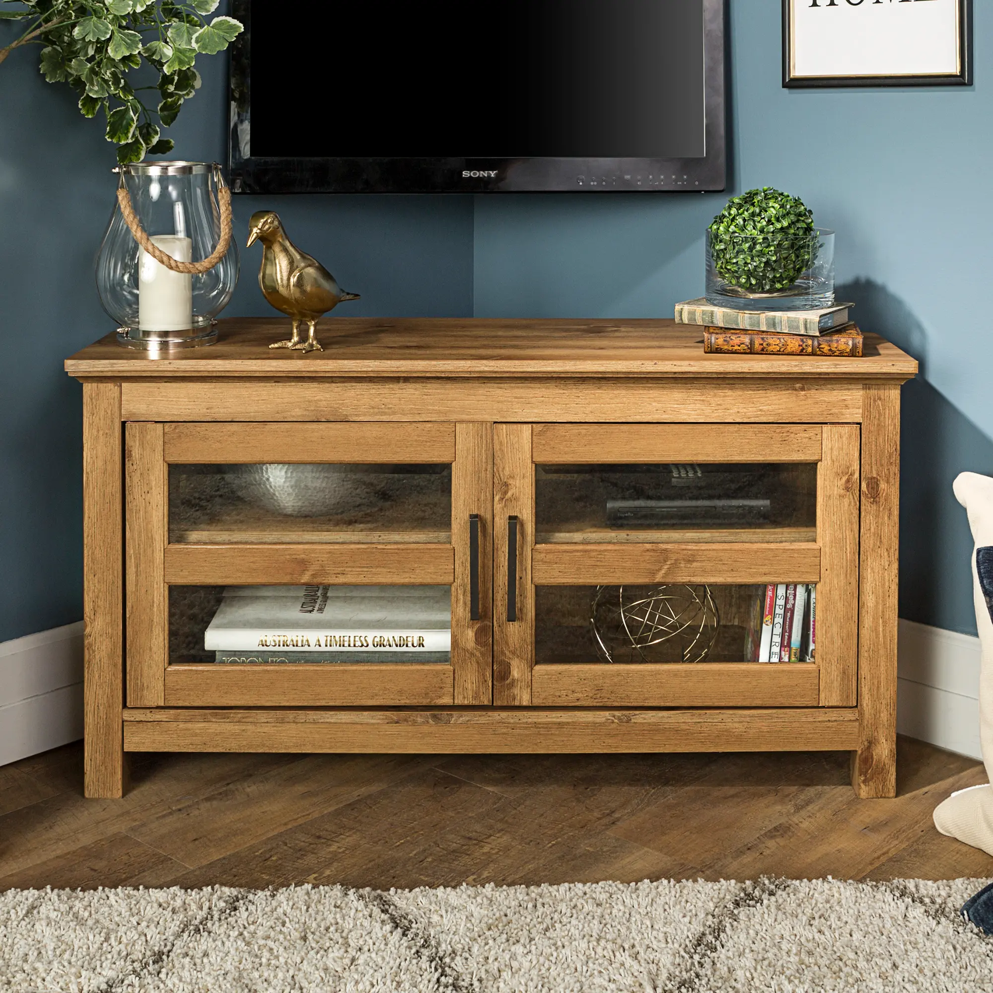 WQ44CCRBW 44 Inch Transitional Modern Farmhouse Wood Corner TV Stand - Barnwood-1