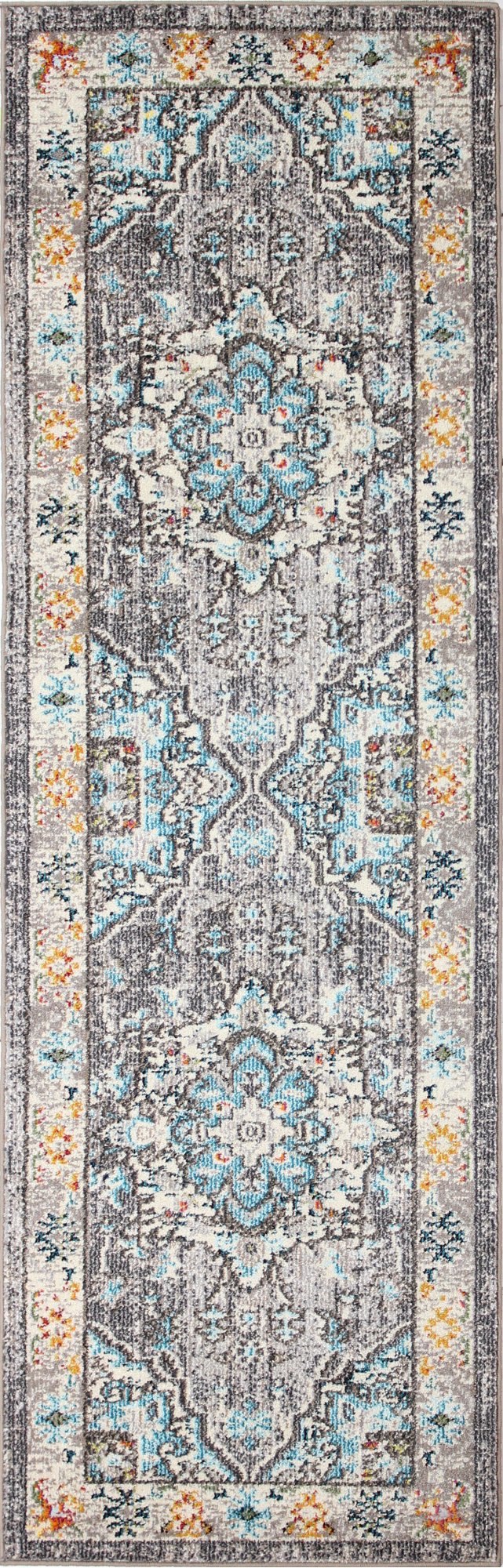 Dakota 8' Transitional Zell Beige and Blue Runner Rug-1