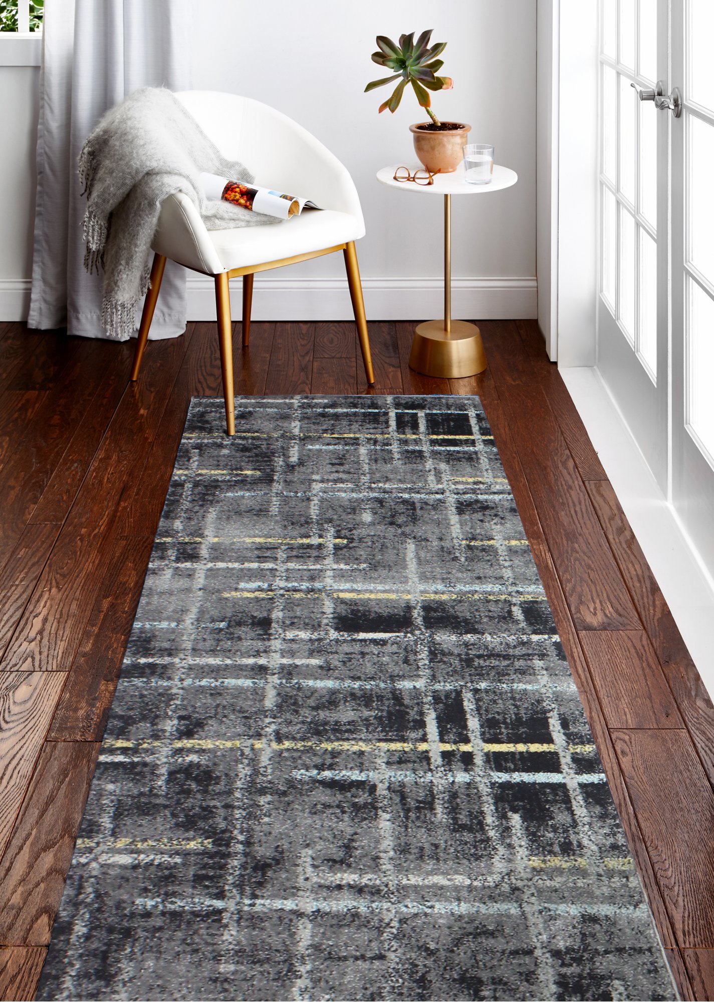 Everek Traditional Dark Gray and Blue 8 Foot Runner Rug-2