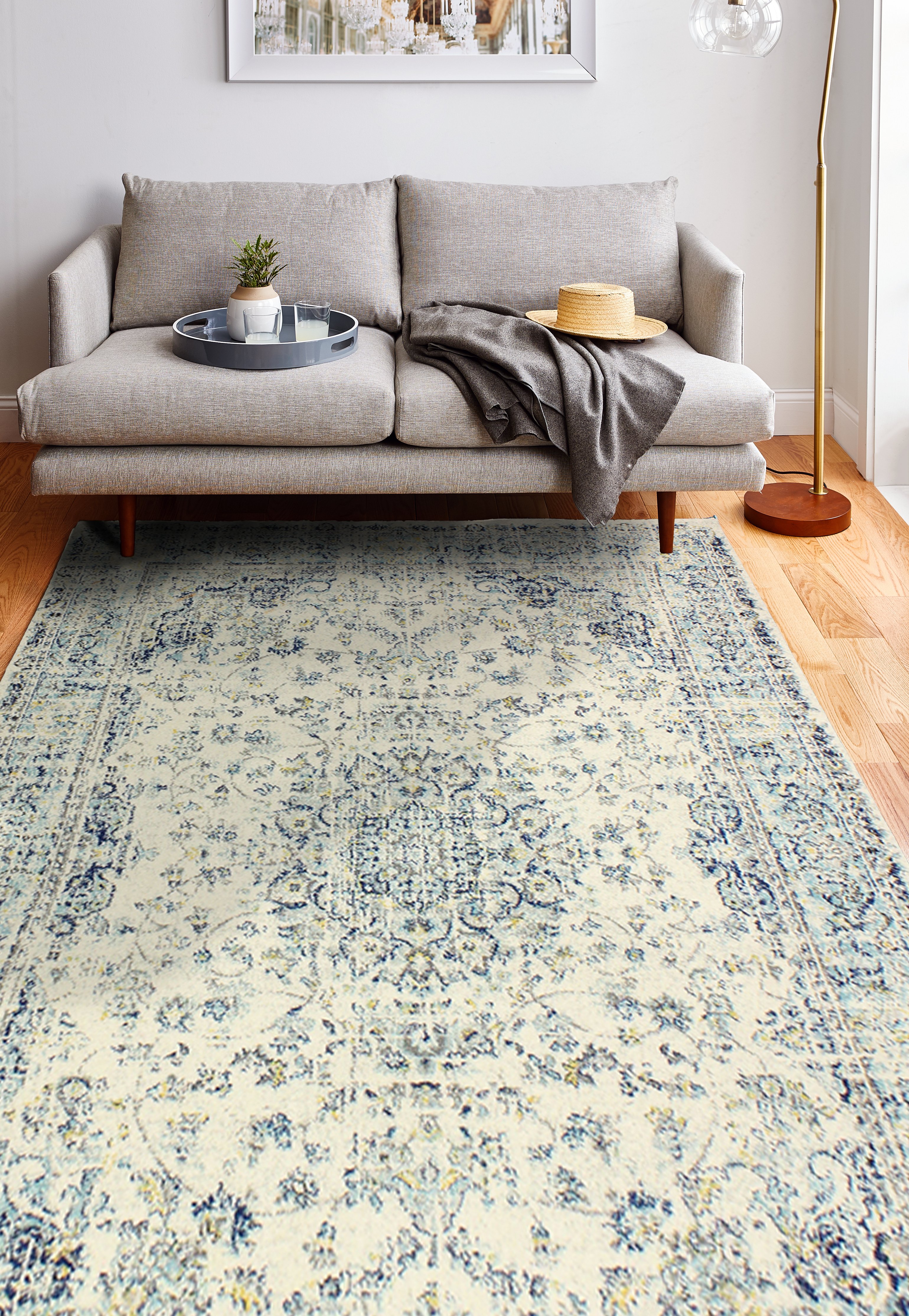 Everek Traditional Mariela Ivory and Blue 8 Foot Runner Rug-3