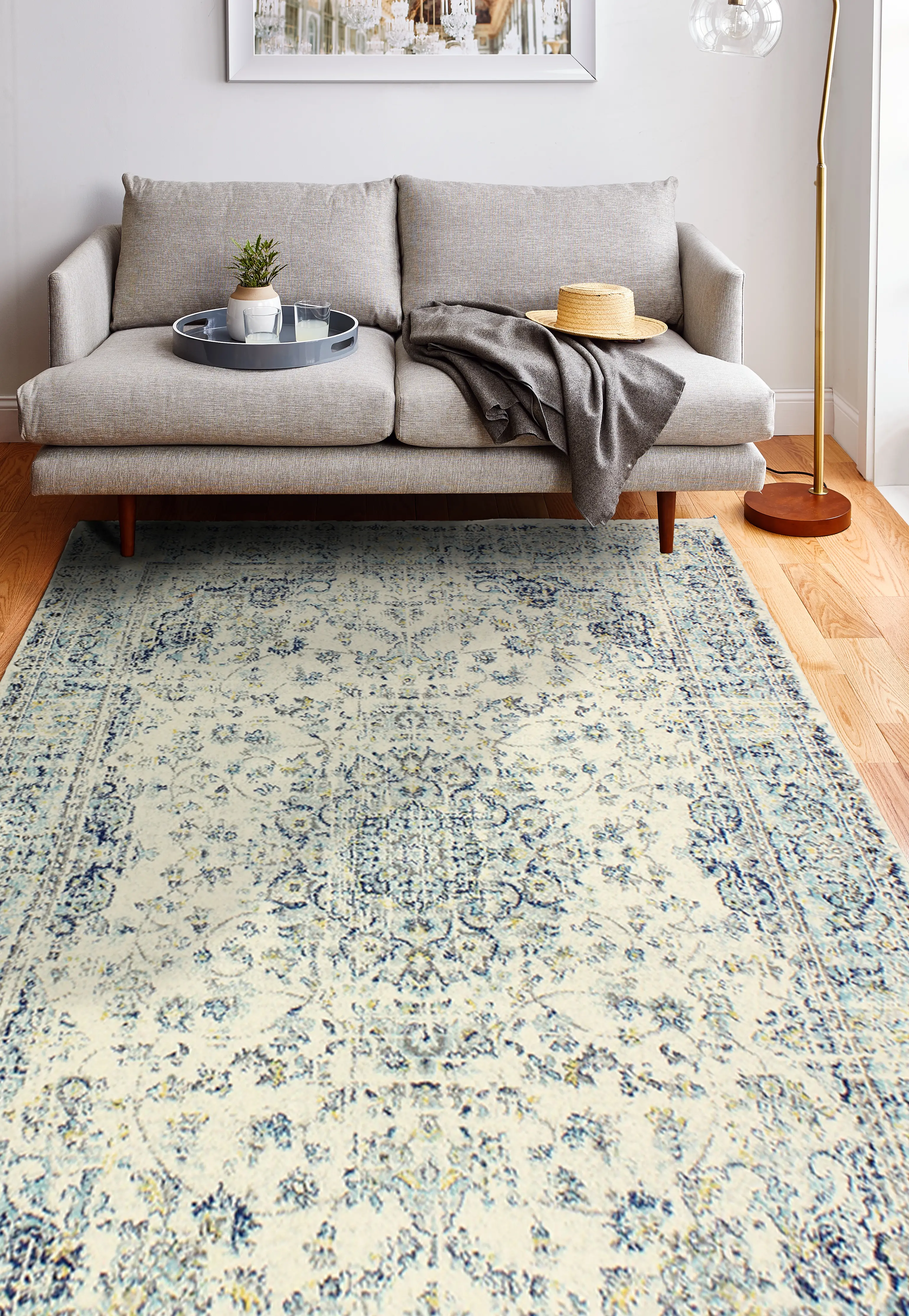 Everek Traditional Mariela Ivory and Blue 8 Foot Runner Rug-3