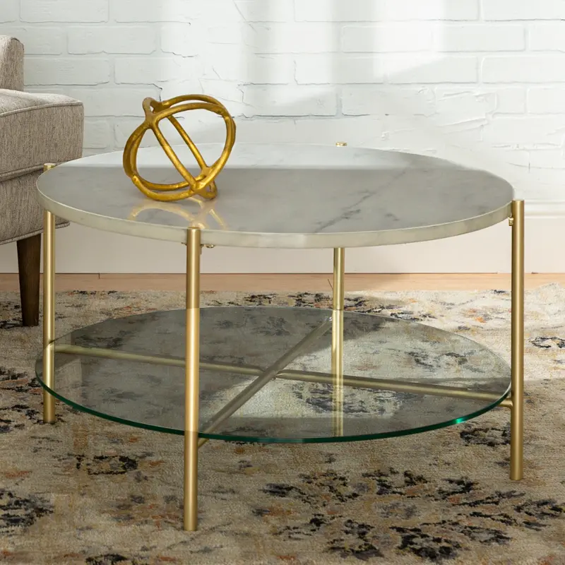 AF32SRDCTMGD Cleo Modern White Marble Top Round Coffee Table - Walker Edison