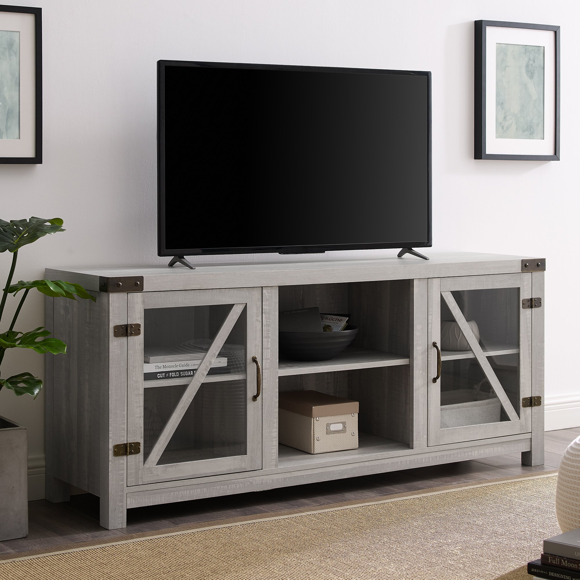 W58BDGDST 58 Inch Rustic Farmhouse TV Stand - Stone Grey-1
