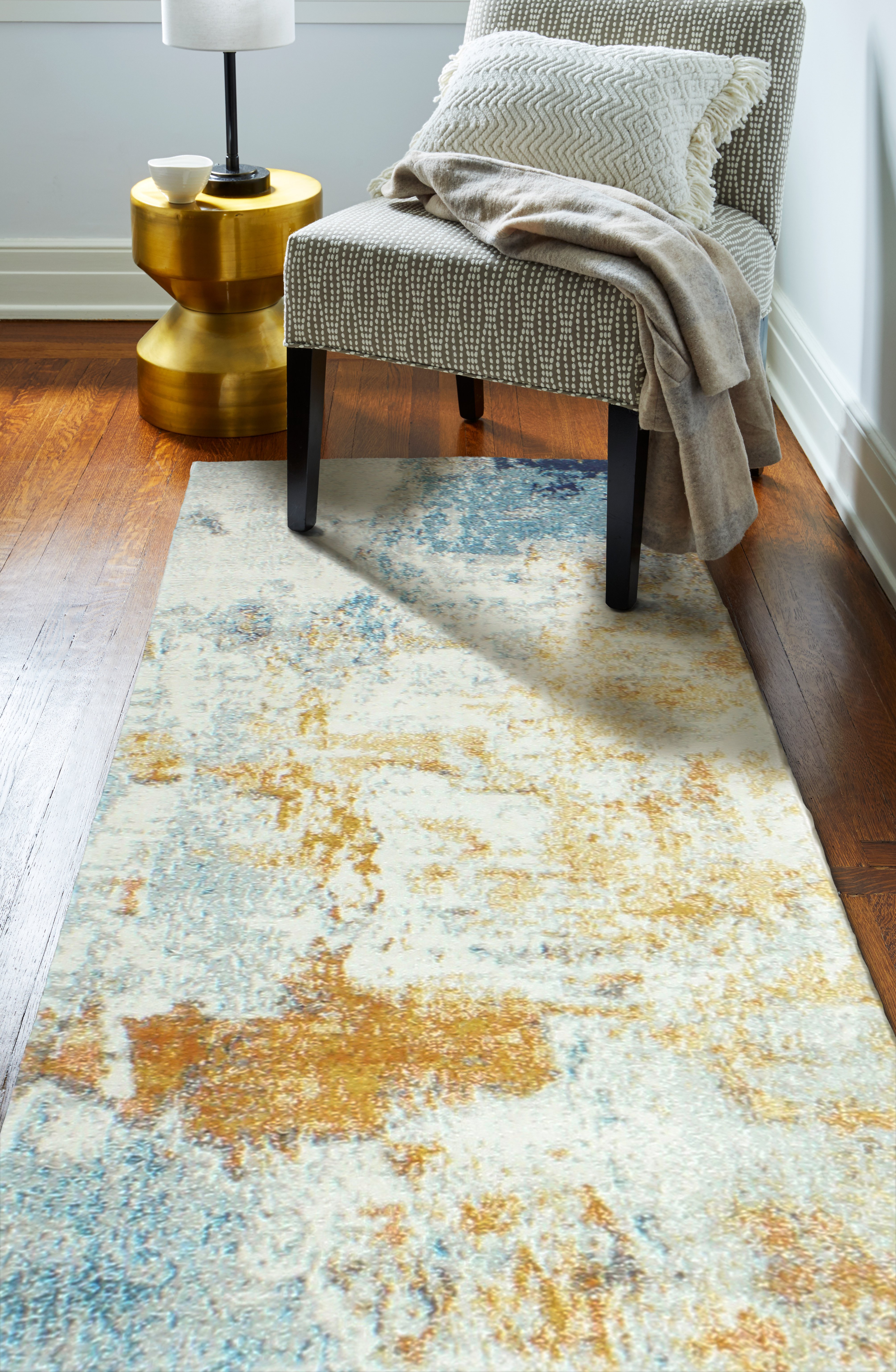 Everek Traditional Alba Ivory, Gold and Blue 8 Foot Runner Rug-2