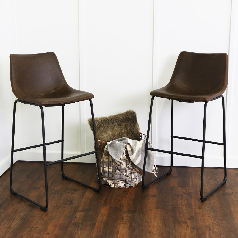 Industrial Brown Faux Leather Bar, Brown Leather Bar Stools