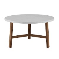 Mid Century Modern Round Coffee Table - White Marble/Acorn-2