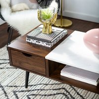 Mid Century Modern Faux Marble Coffee Table - Dark Walnut-2