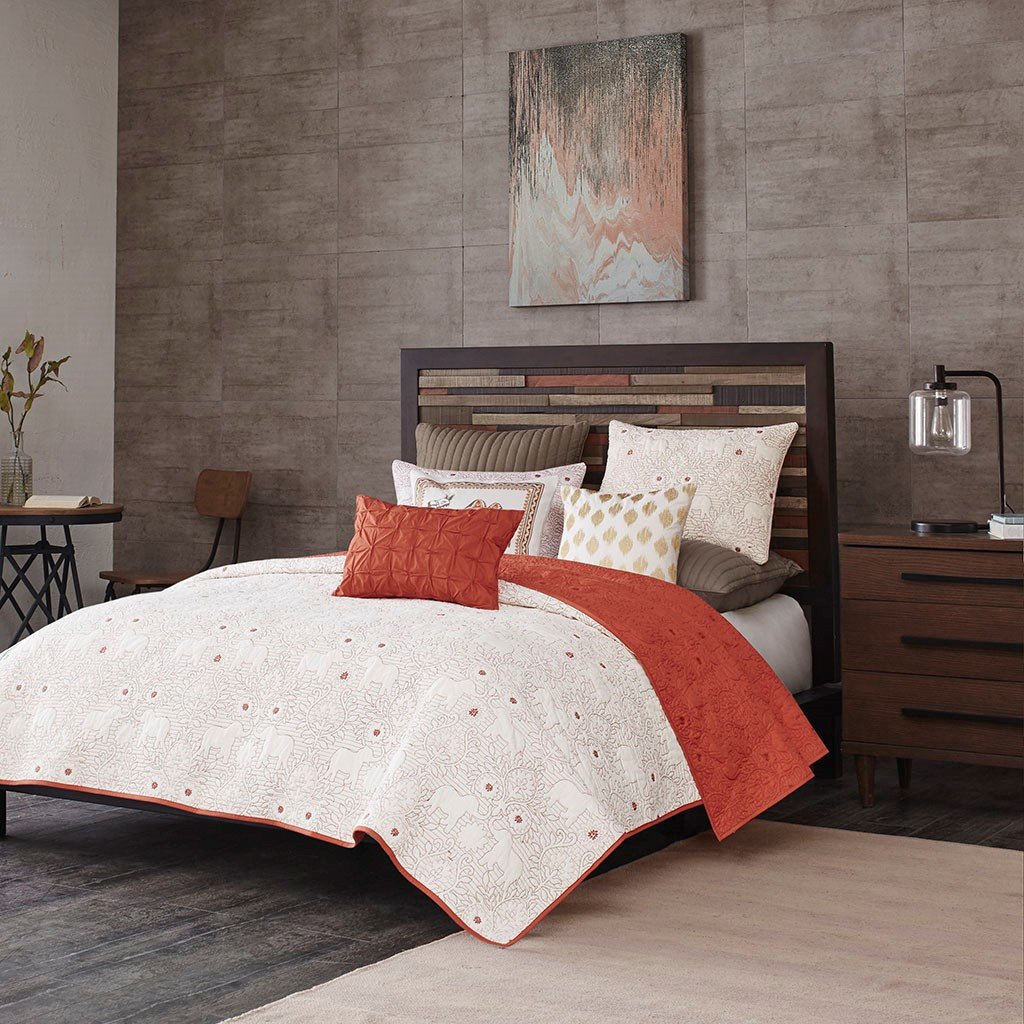 Burnt Orange and Tan Queen Kandula 3 Piece Coverlet Set-3
