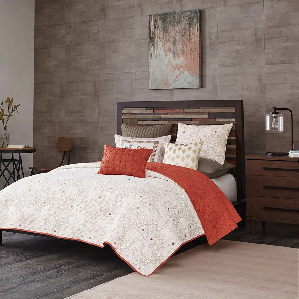 Burnt Orange and Tan Queen Kandula 3 Piece Coverlet Set-3