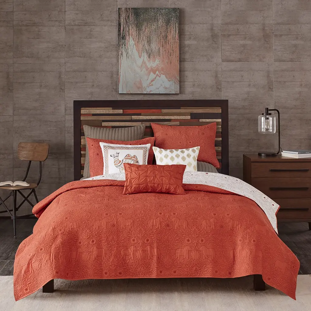 Burnt Orange and Tan Queen Kandula 3 Piece Coverlet Set-5