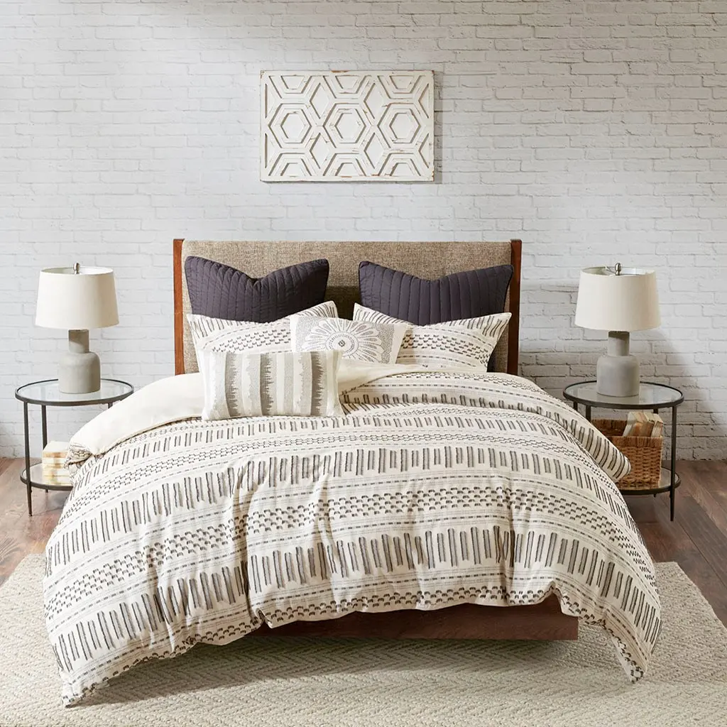 Natural White and Charcoal Queen Rhea 3 Piece Bedding Collection-2