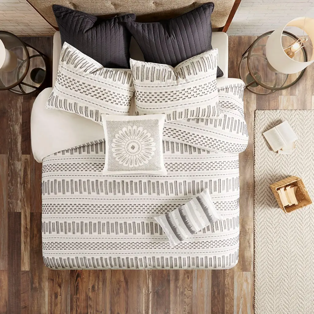 Natural White and Charcoal Queen Rhea 3 Piece Bedding Collection-3