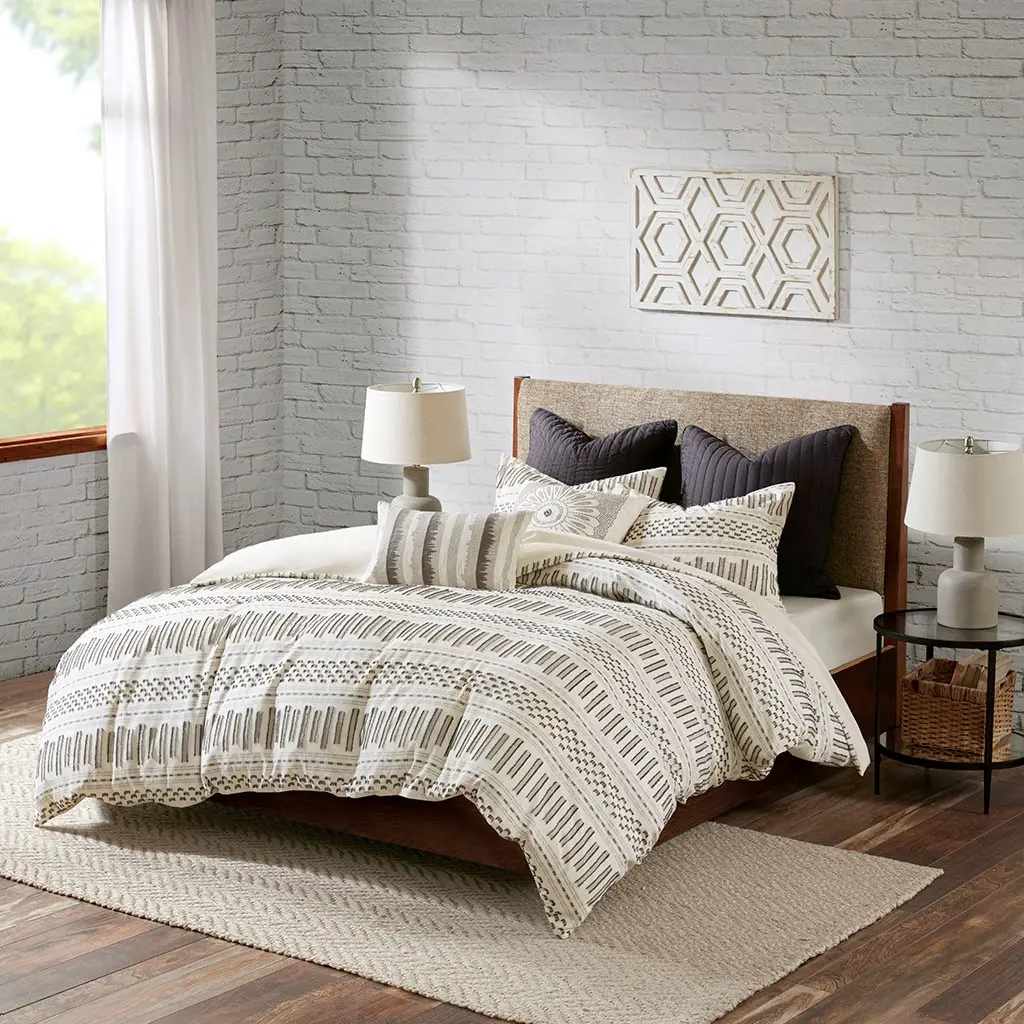Natural White and Charcoal Queen Rhea 3 Piece Bedding Collection-4