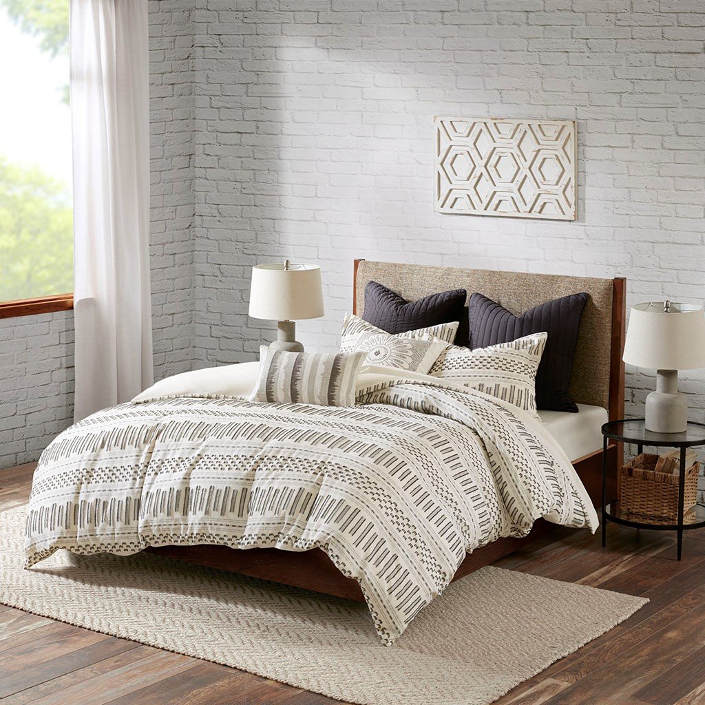Natural White and Charcoal King Rhea 3 Piece Bedding Collection-3