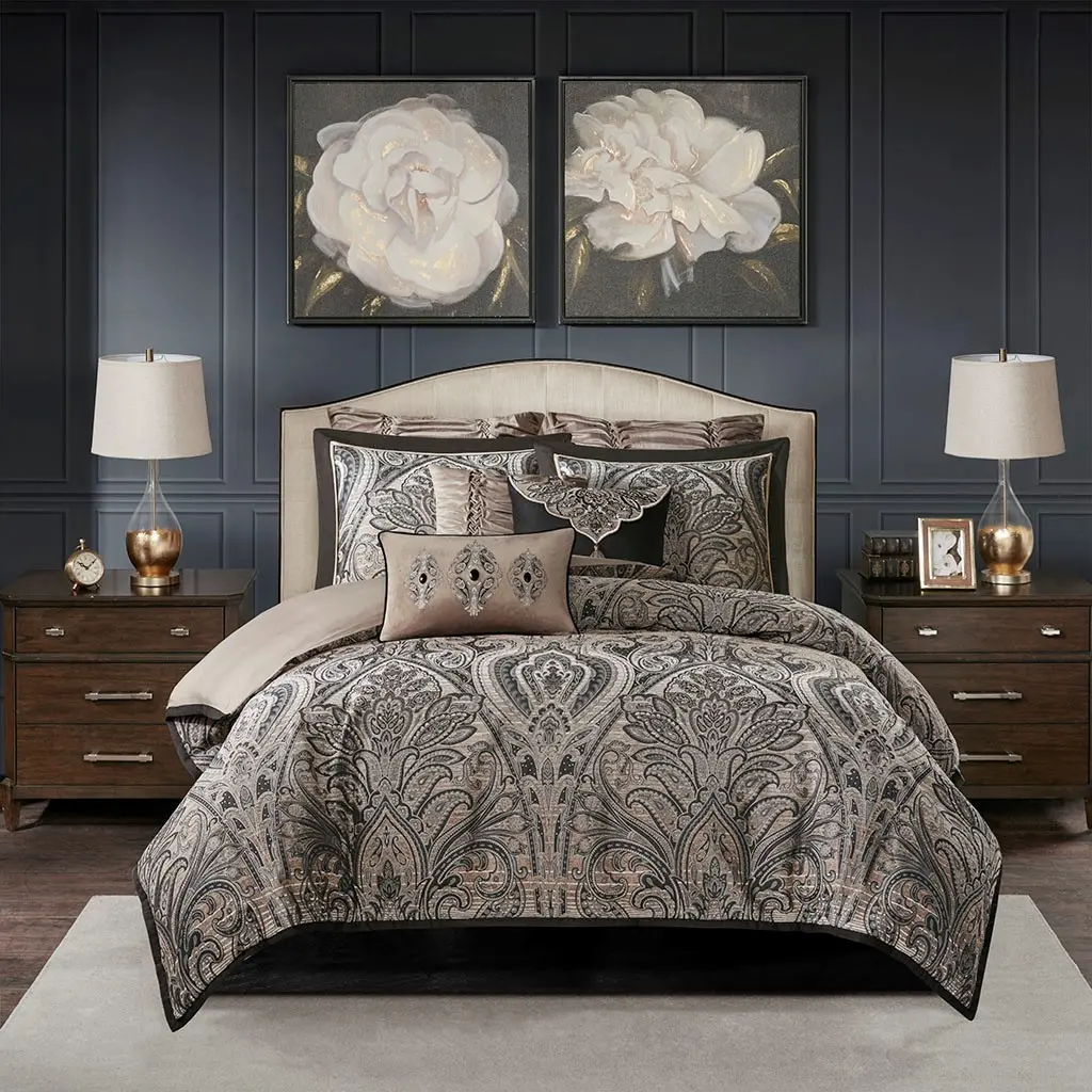 Dark Charcoal and Tan King Grandover 9 Piece Bedding Collection-6