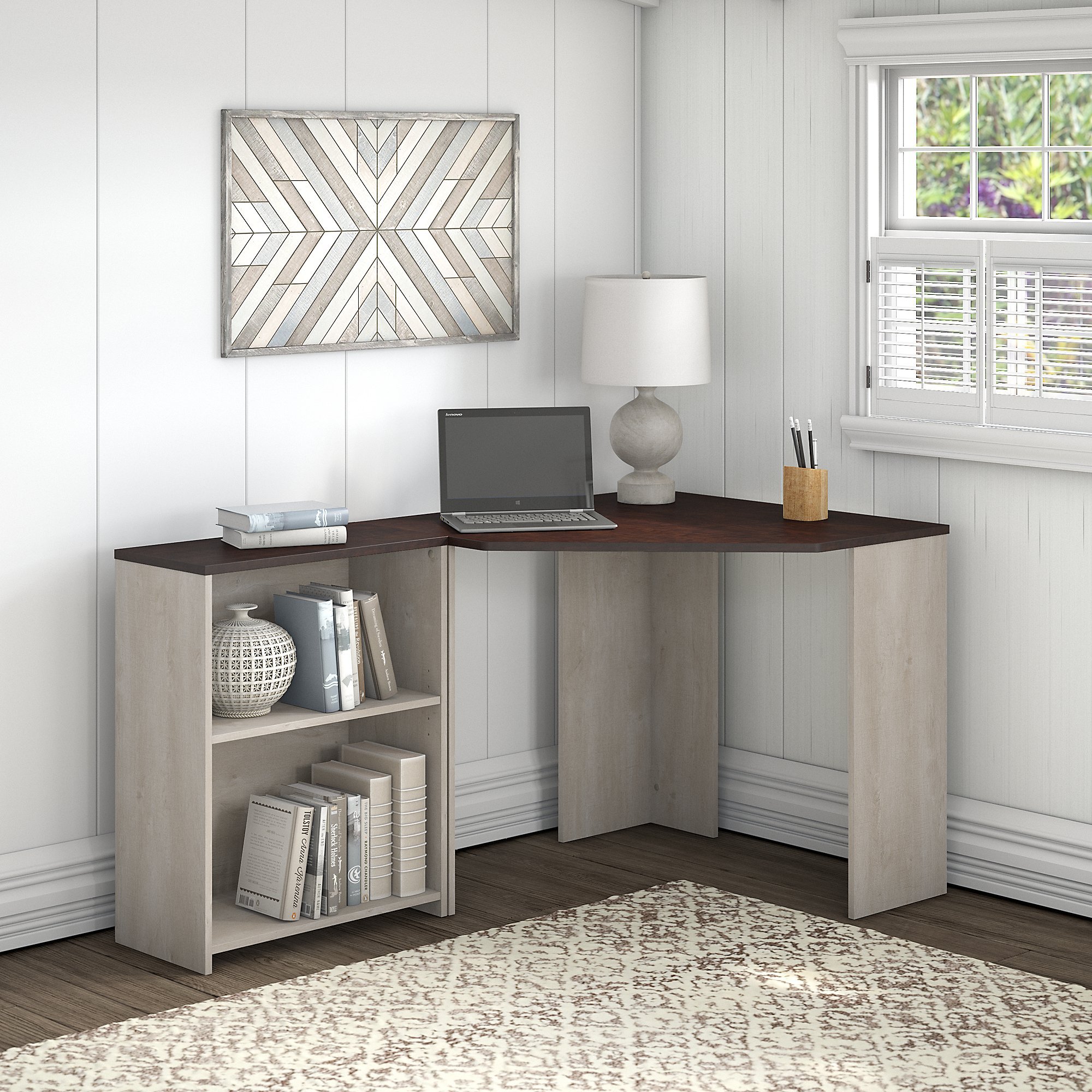Townhill Washed Gray and Cherry Top Corner Desk with Shelving-1