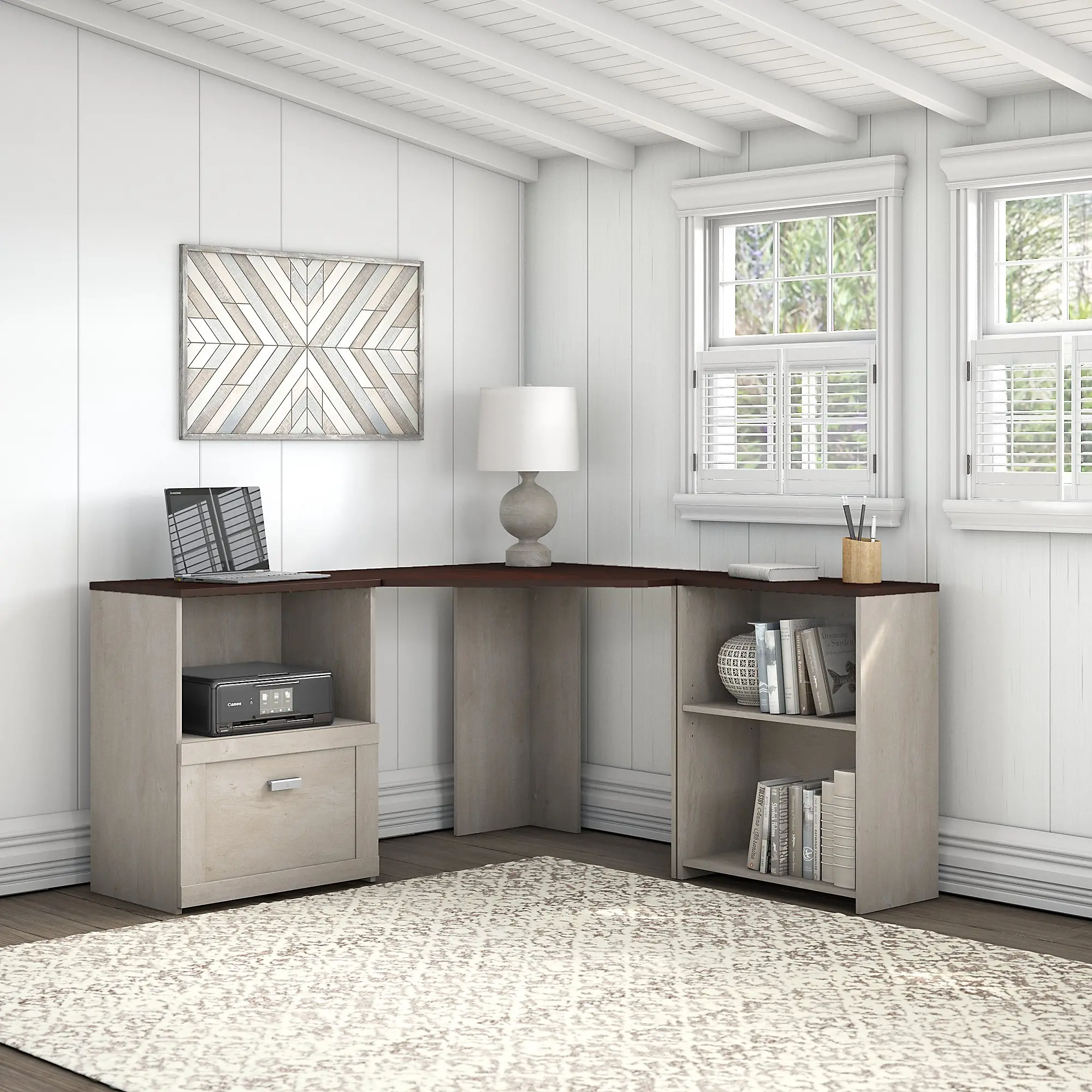TNH003WM2 Townhill Washed Gray and Cherry Top Corner Desk with Storage-1