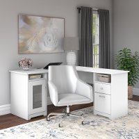 White L Shaped Computer Desk with Mid Back Leather Box Chair - Cabot