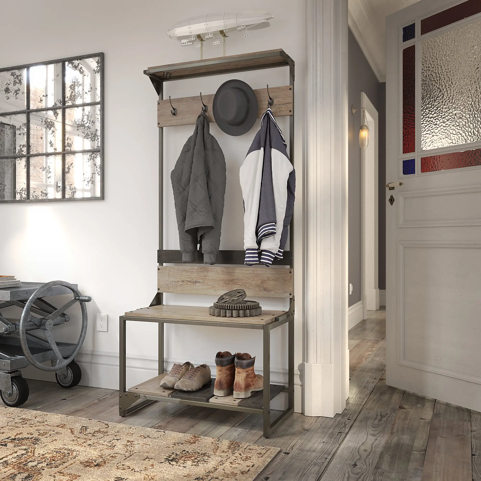 RFY012RG Refinery Distressed Rustic Gray Hall Tree with Shoe Storage-1