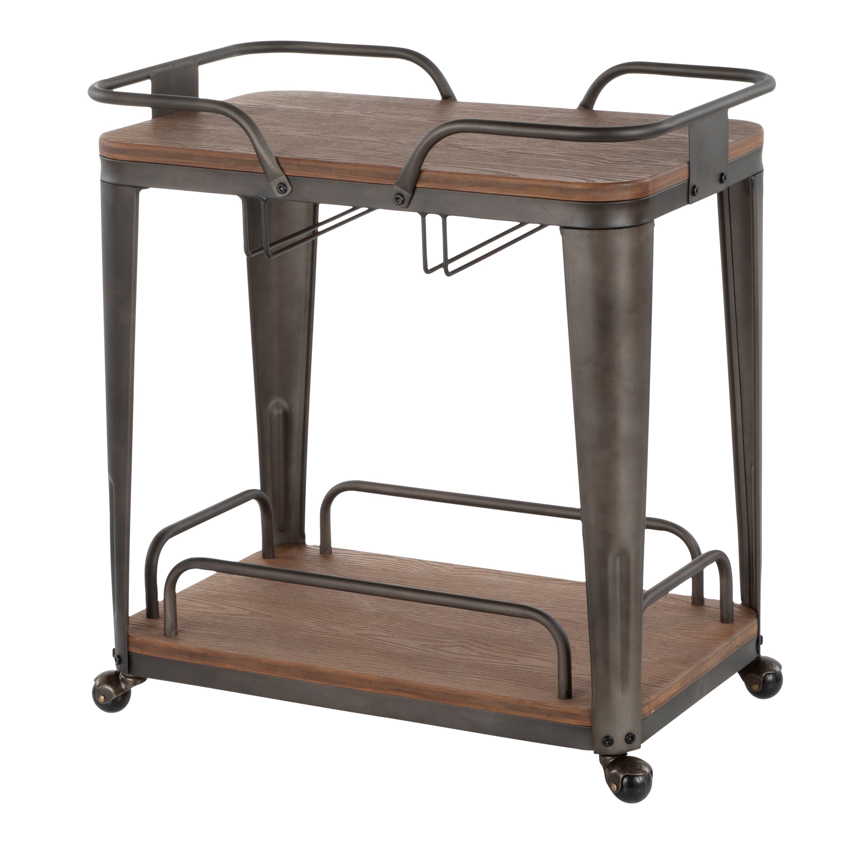 BTC-OR-AN-E Industrial Antique Metal and Espresso Wood-Pressed Grain Bamboo Bar Cart-1