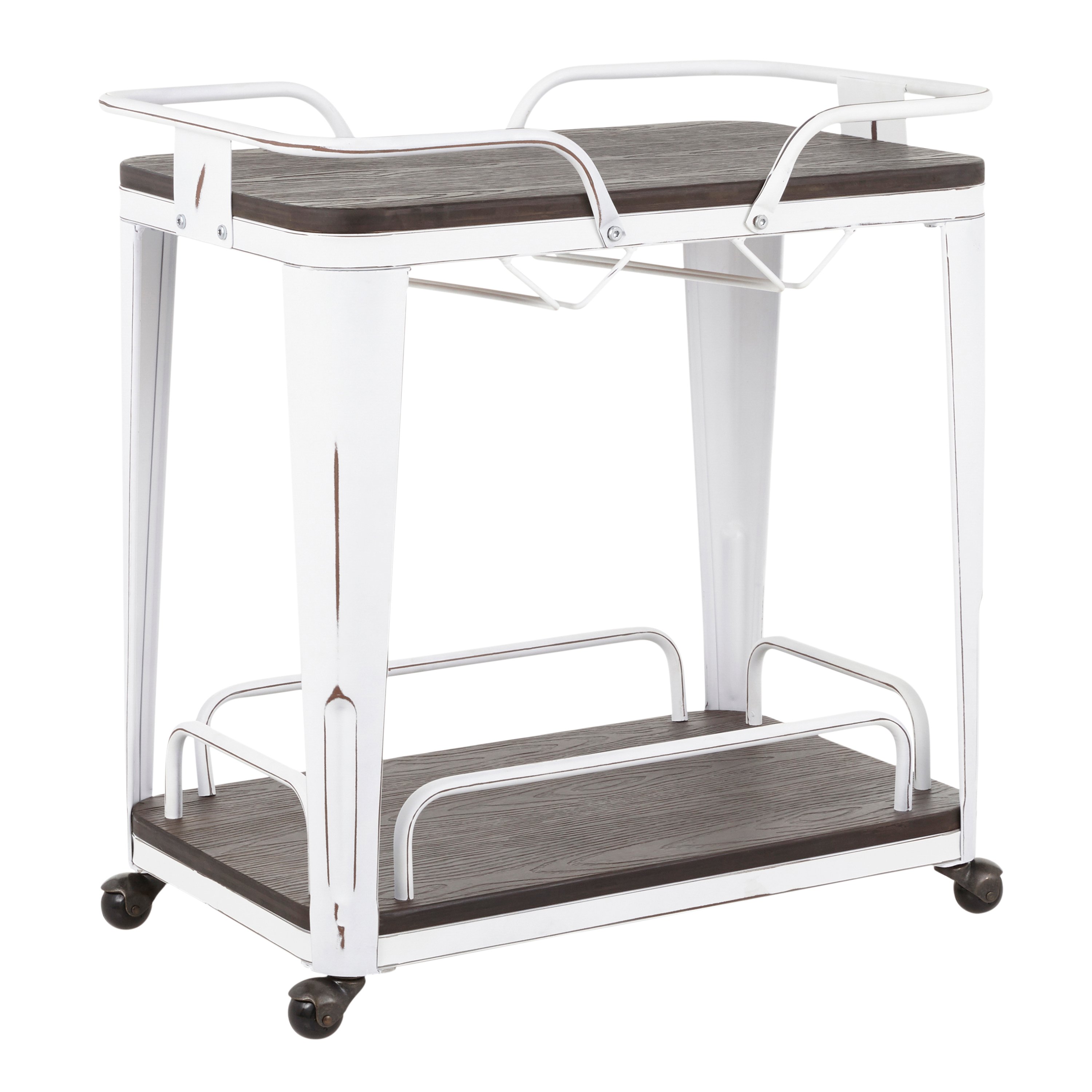BTC-OR-VWE Industrial White Metal and Espresso Wood Pressed Grain Bamboo Bar Cart - Oregon-1