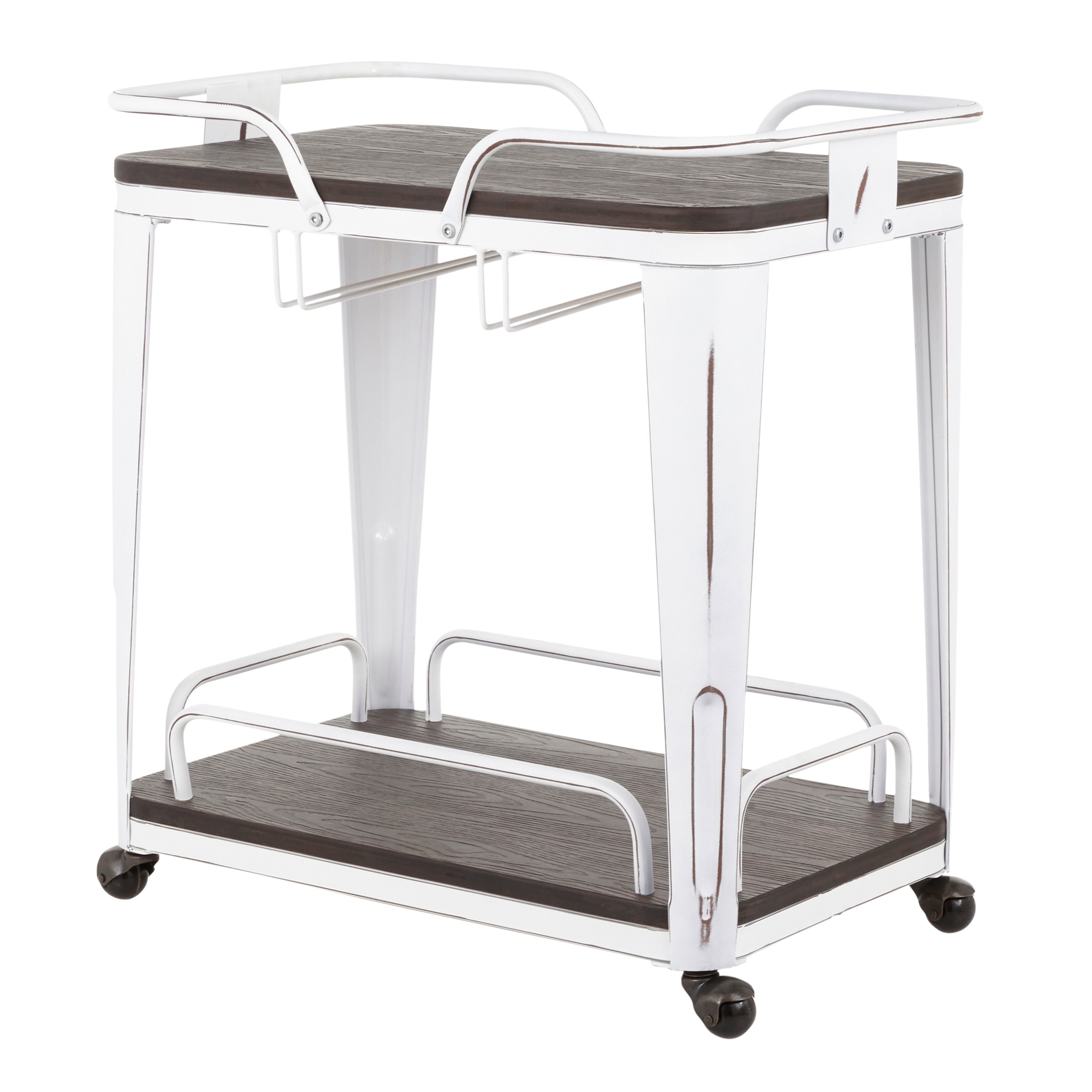 BTC-OR-VWE Industrial White Metal and Espresso Wood Pressed Grain Bamboo Bar Cart - Oregon-3