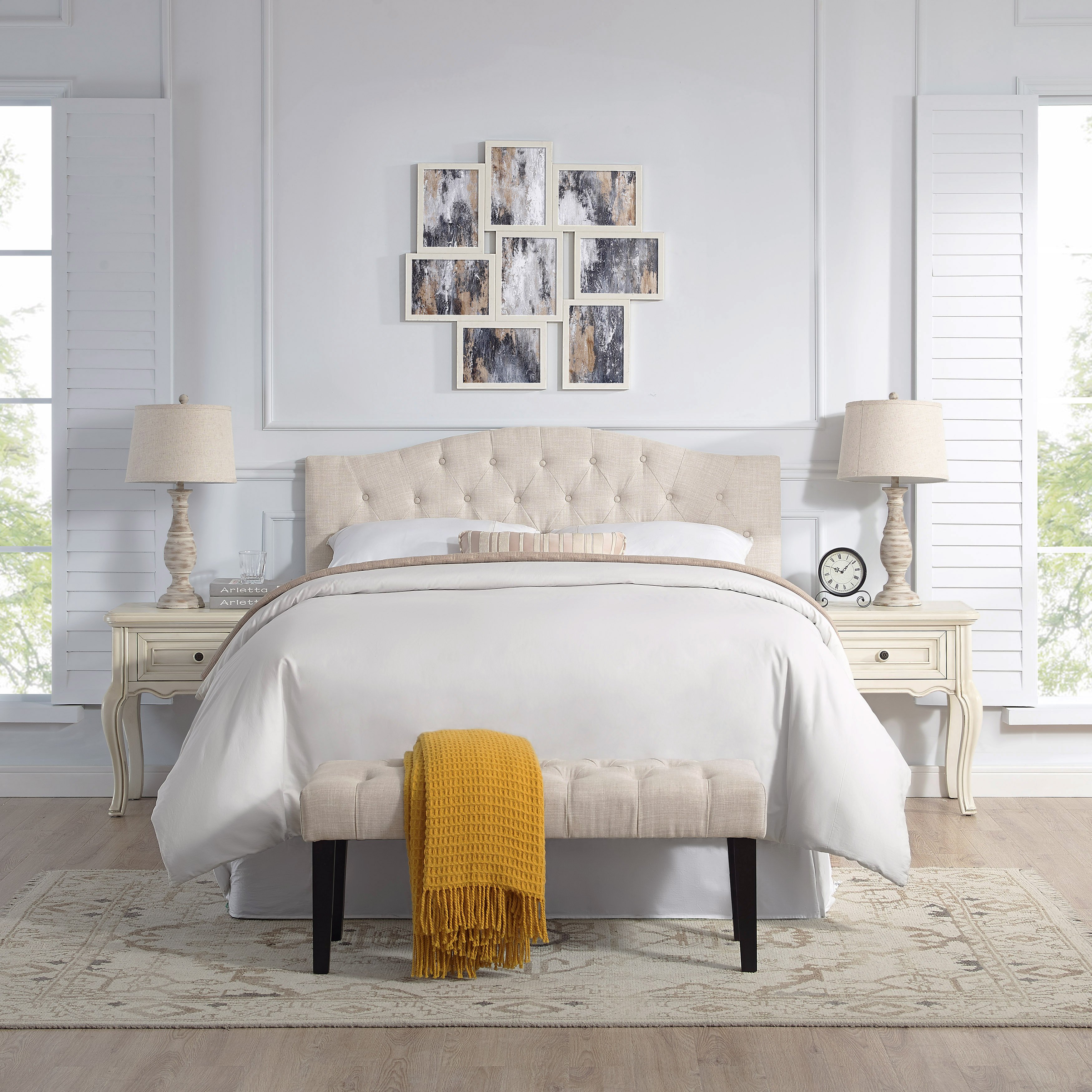 Beige Queen Upholstered Headboard and Bench Set - Modern Eclectic-1