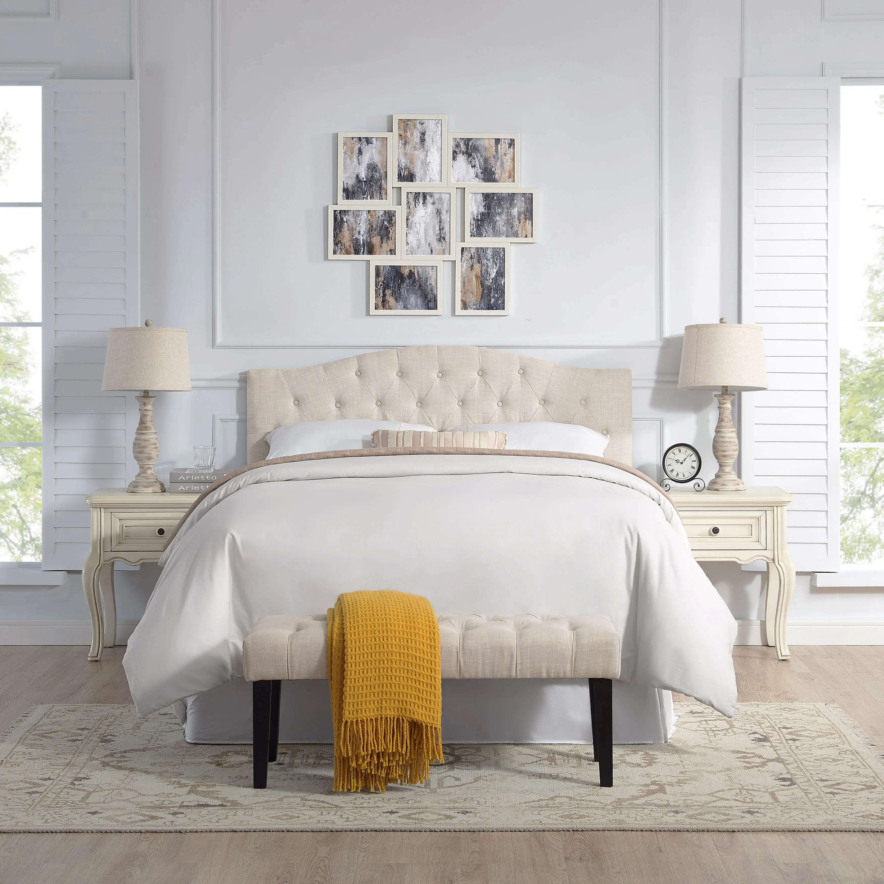 Beige Queen Upholstered Headboard and Bench Set - Modern Eclectic-1