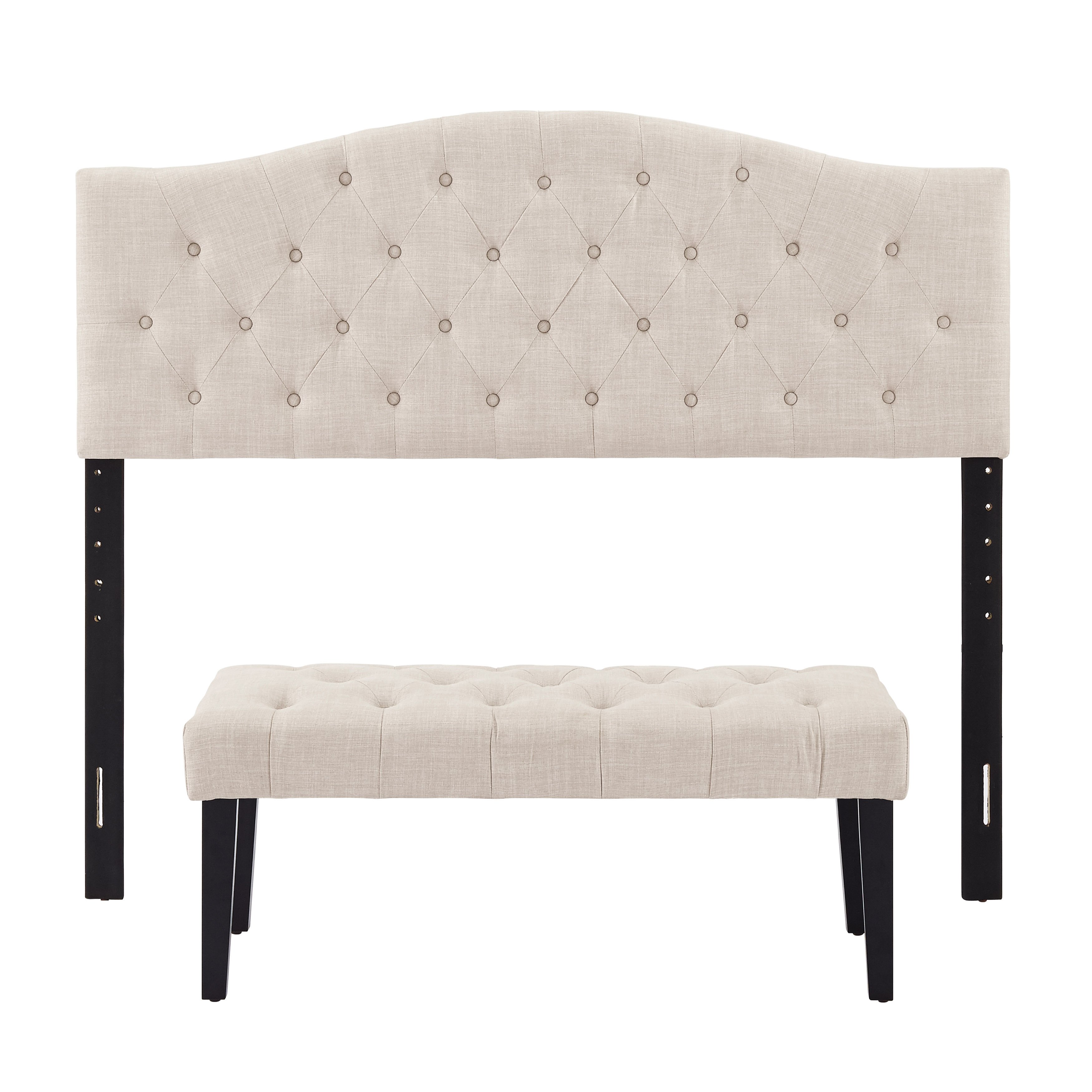Beige Queen Upholstered Headboard and Bench Set - Modern Eclectic-4
