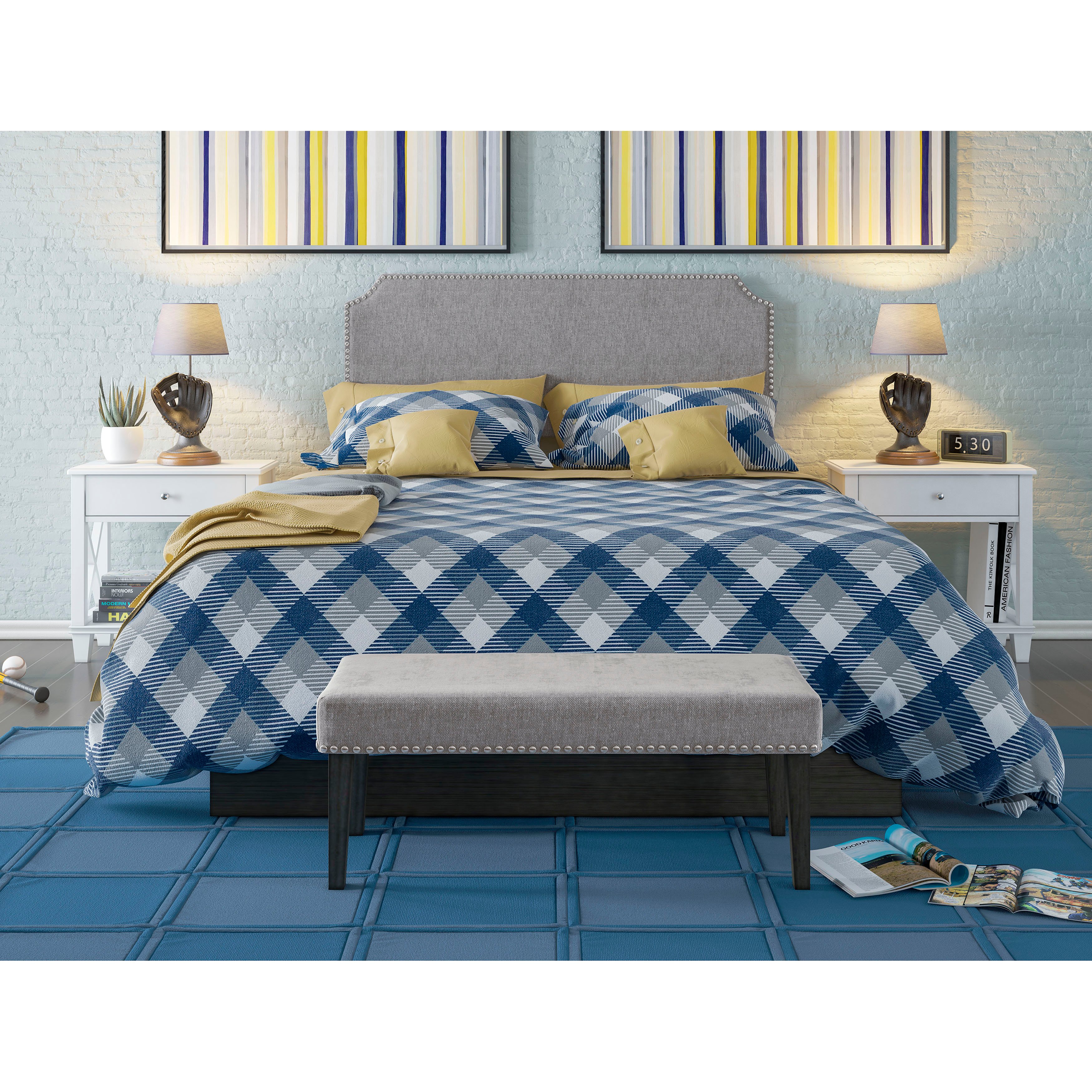 Gray Queen Upholstered Headboard and Bench Set - Modern Eclectic-1