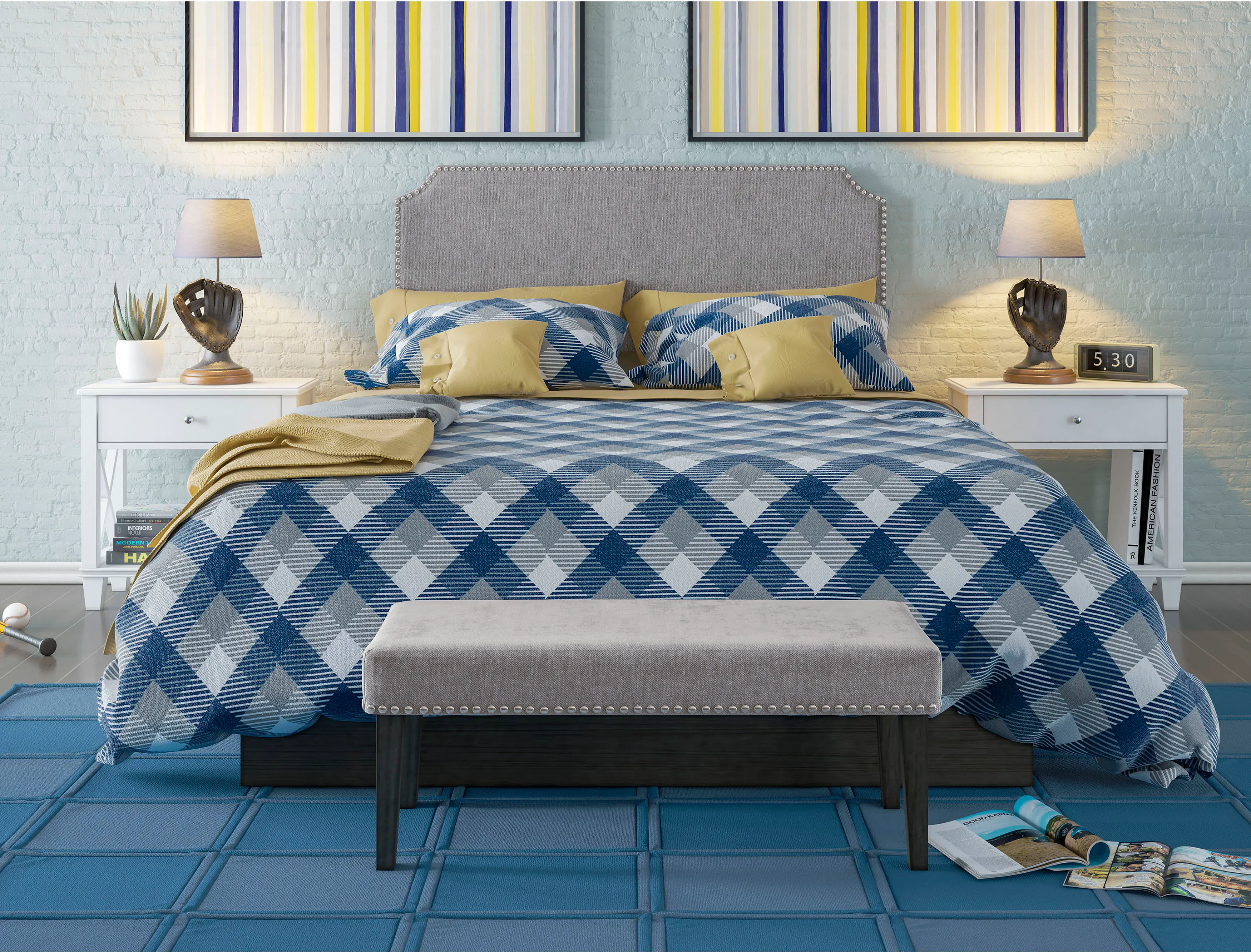 Gray Queen Upholstered Headboard and Bench Set - Modern Eclectic-1