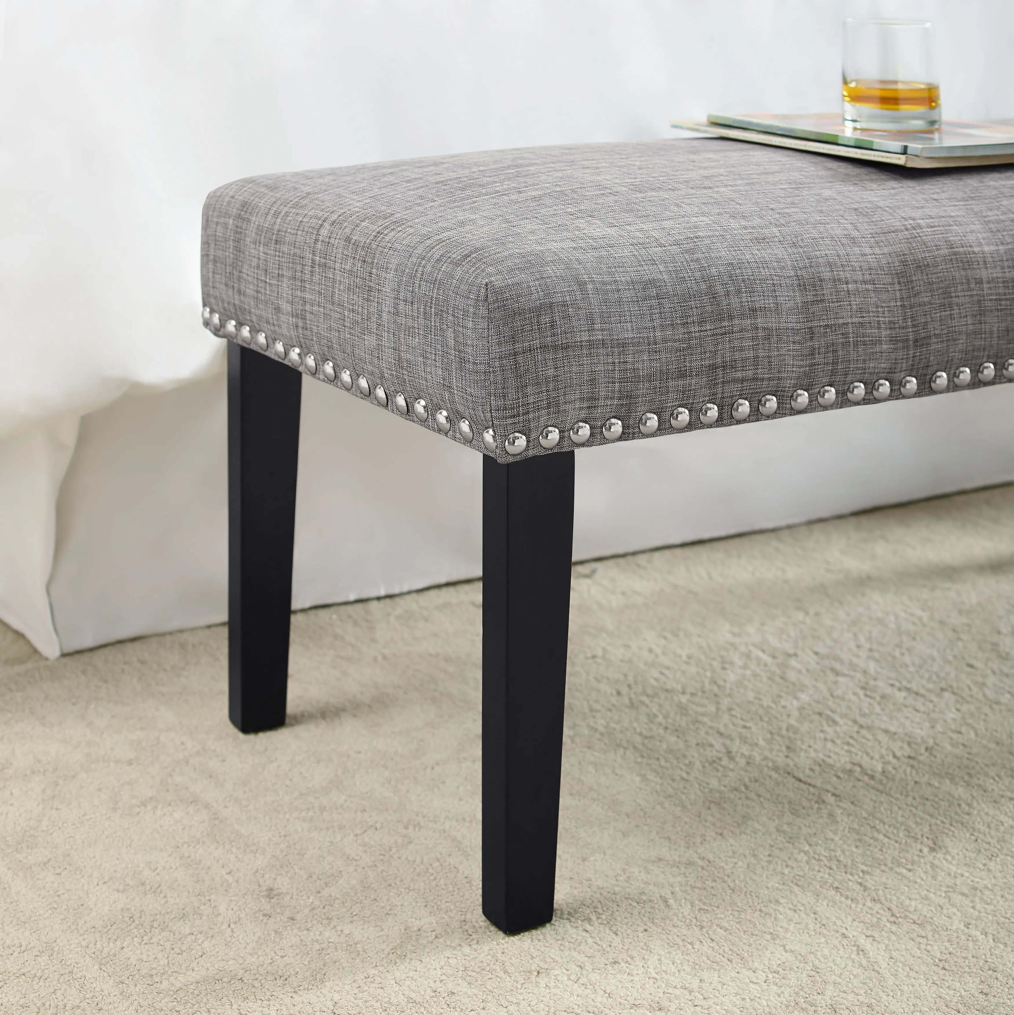 Gray Queen Upholstered Headboard and Bench Set - Modern Eclectic-2
