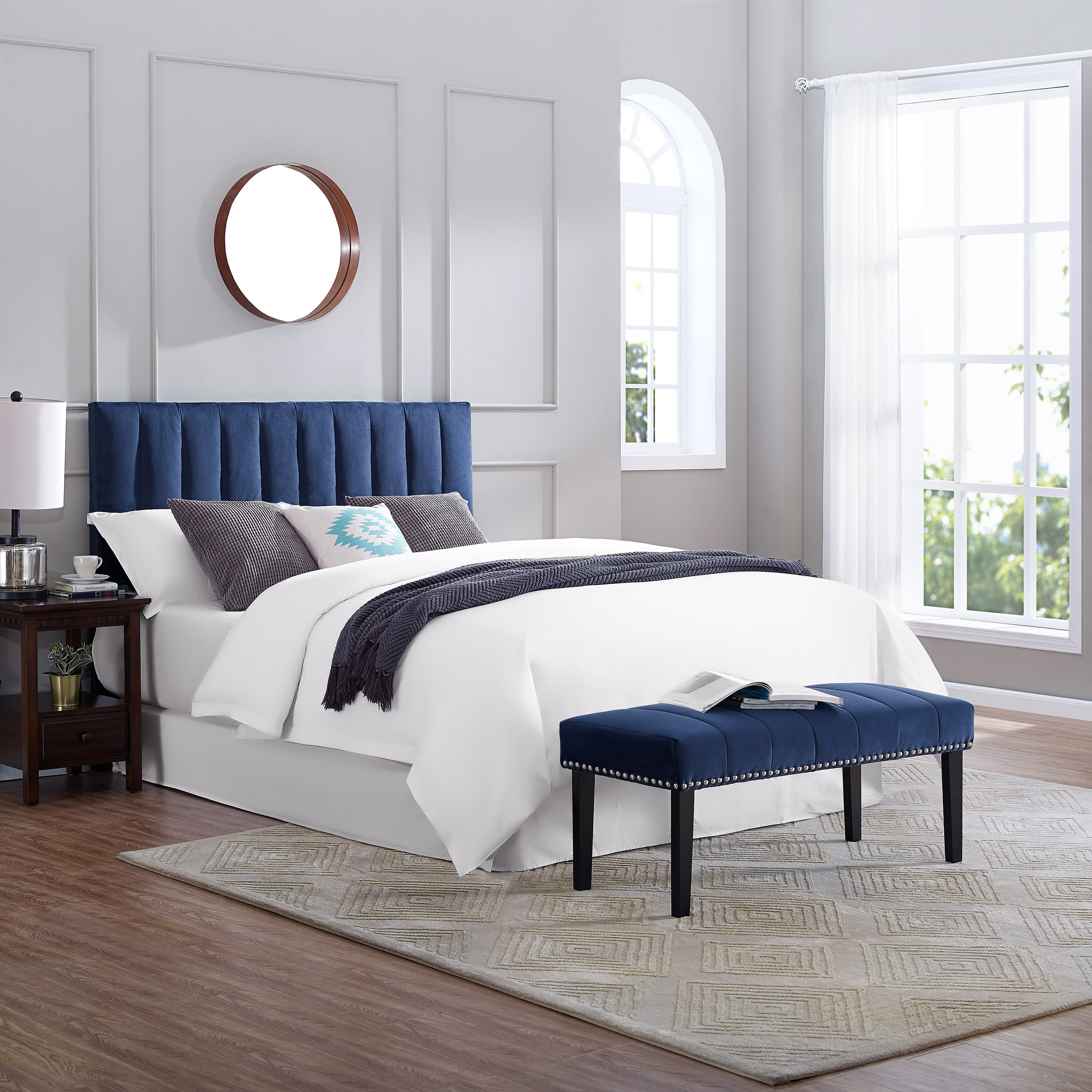 Blue Queen Upholstered Headboard and Bench Set - Modern Eclectic-1