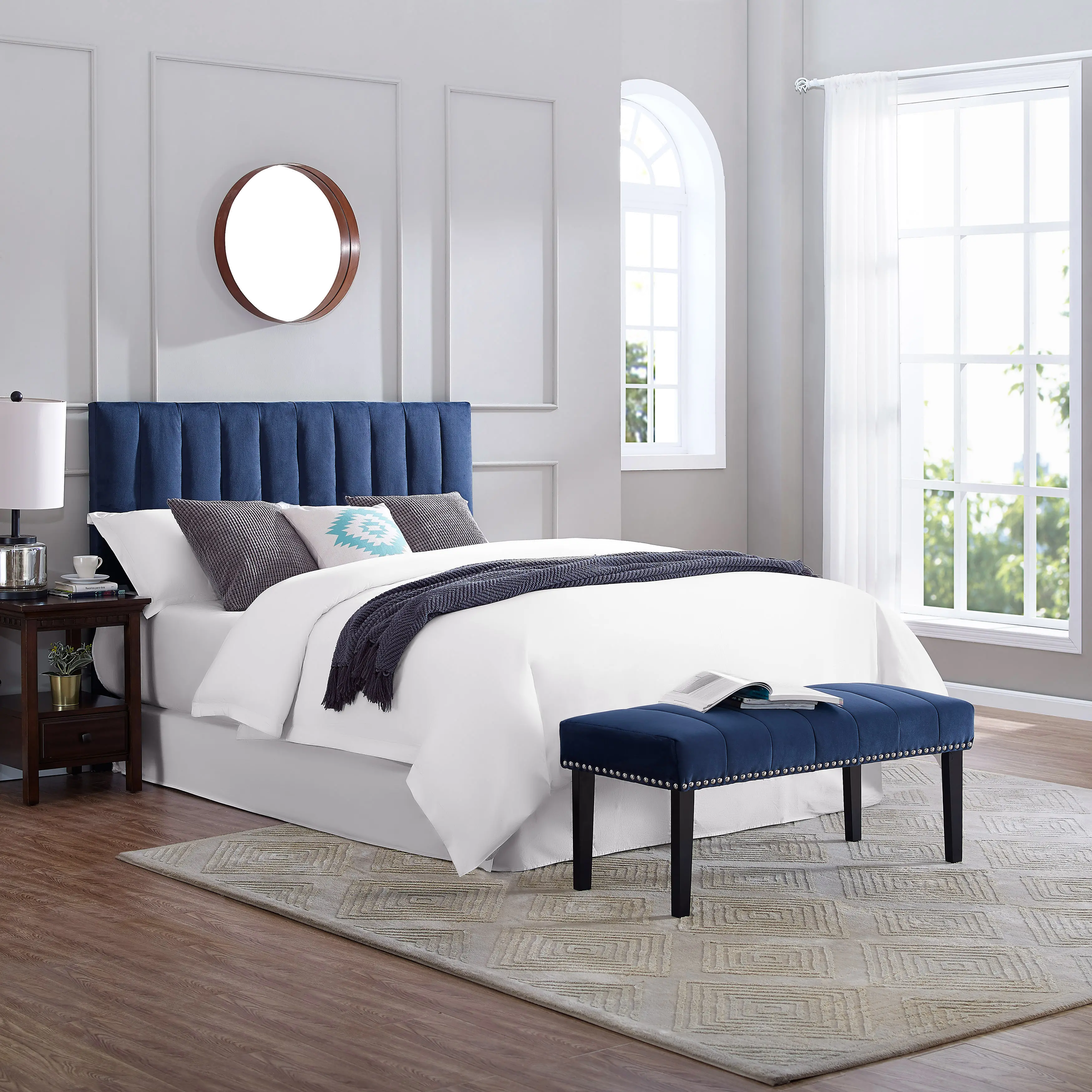Blue Queen Upholstered Headboard and Bench Set - Modern Eclectic-1