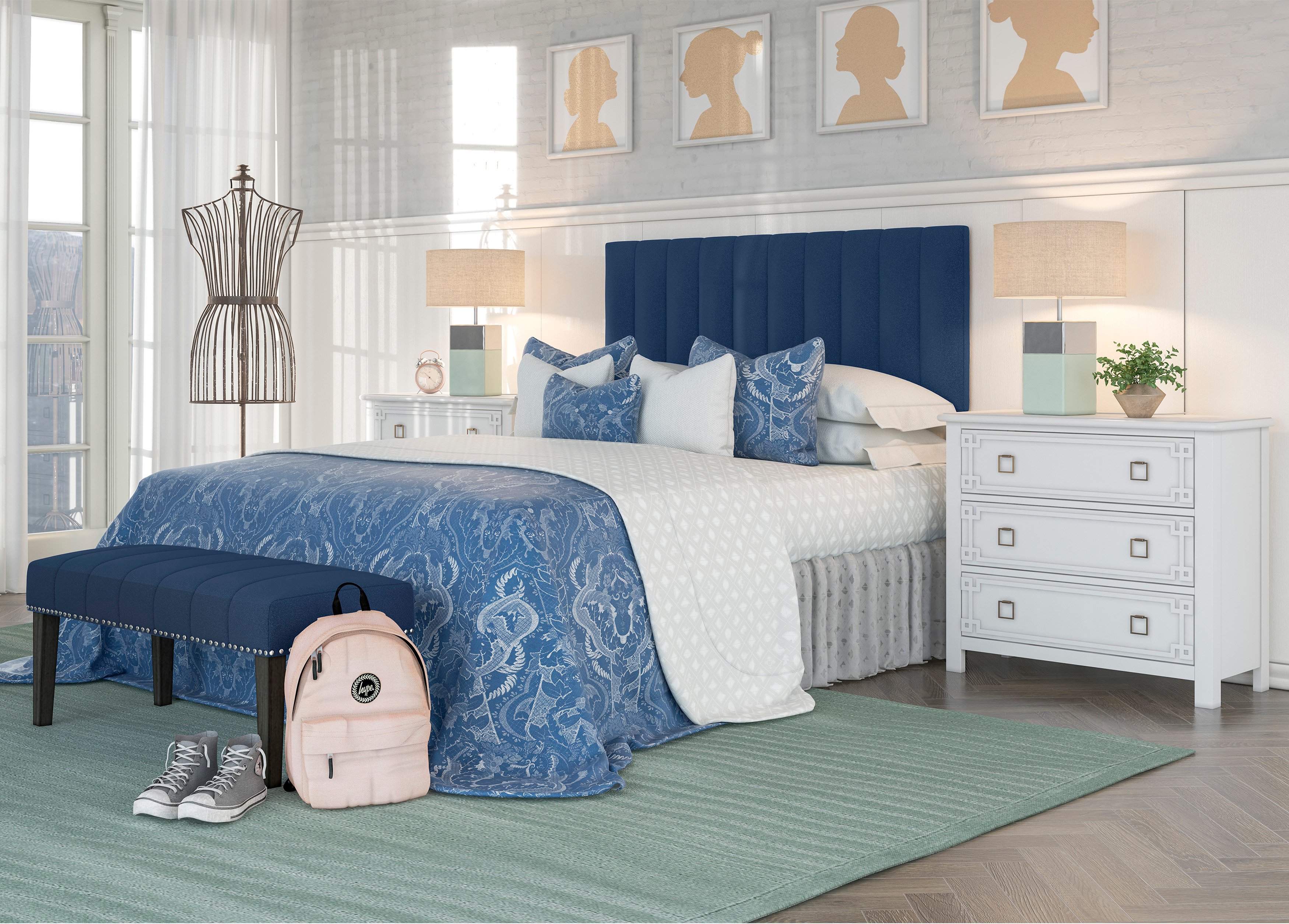 Blue Queen Upholstered Headboard and Bench Set - Modern Eclectic-3