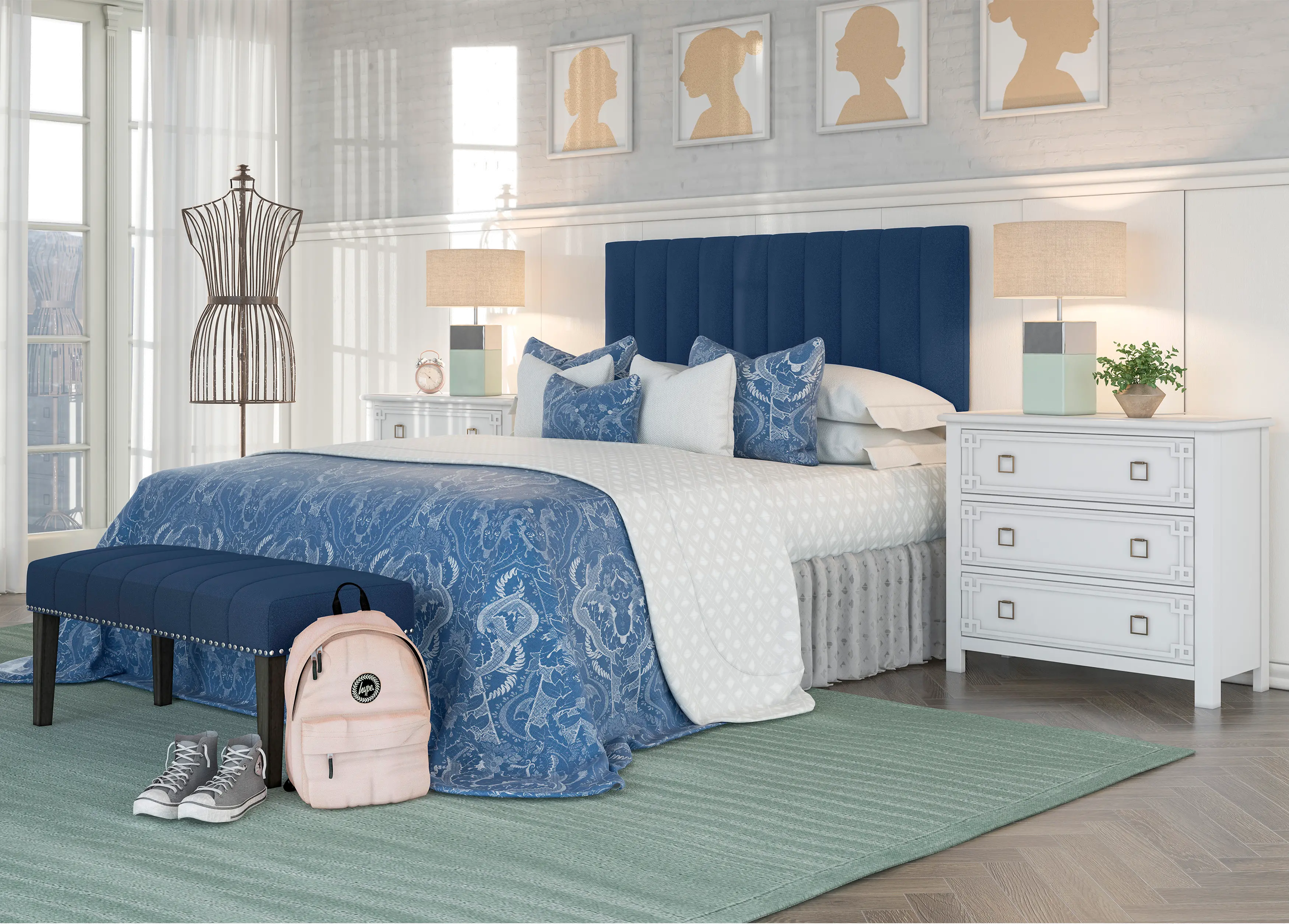 Blue Queen Upholstered Headboard and Bench Set - Modern Eclectic-3