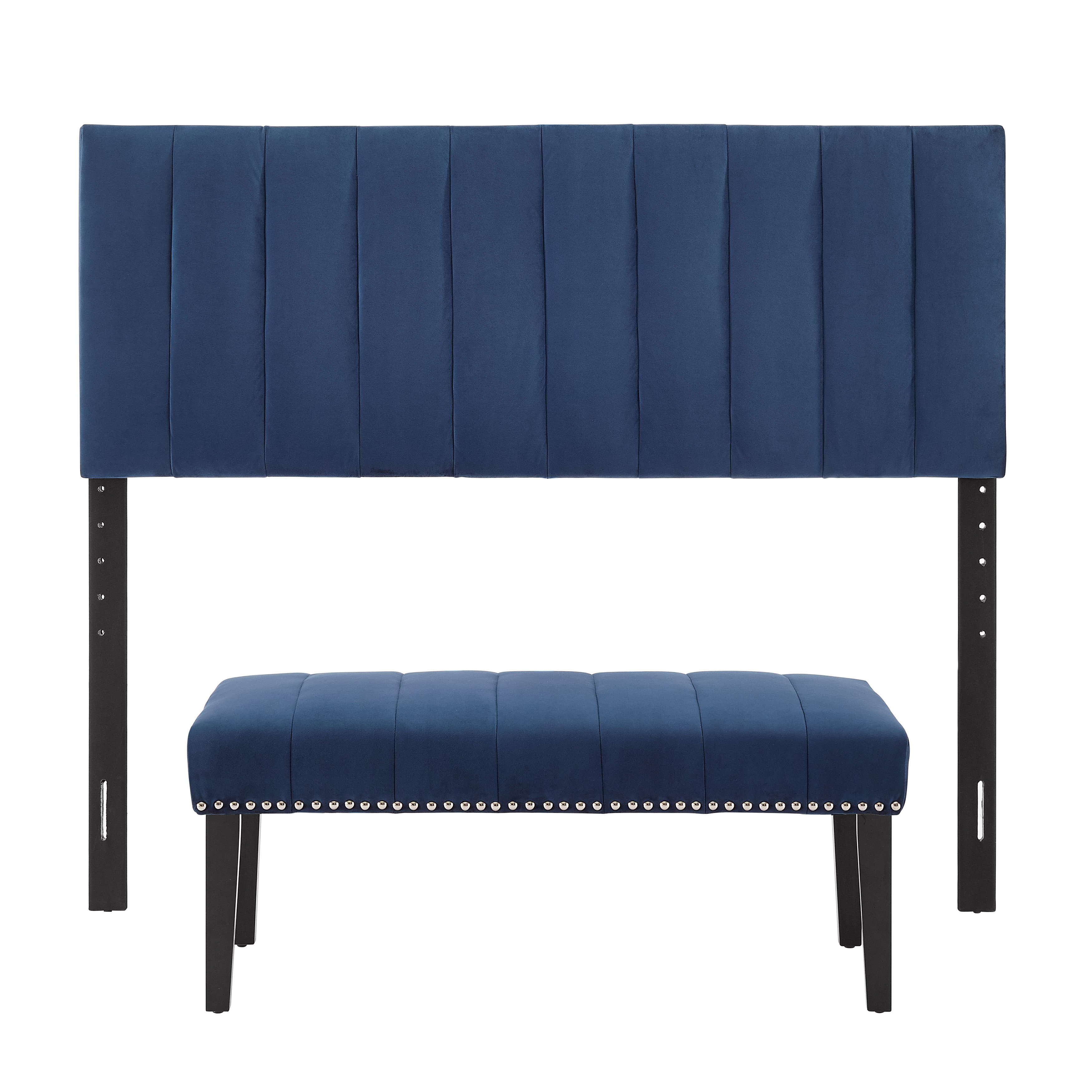 Blue Queen Upholstered Headboard and Bench Set - Modern Eclectic-7