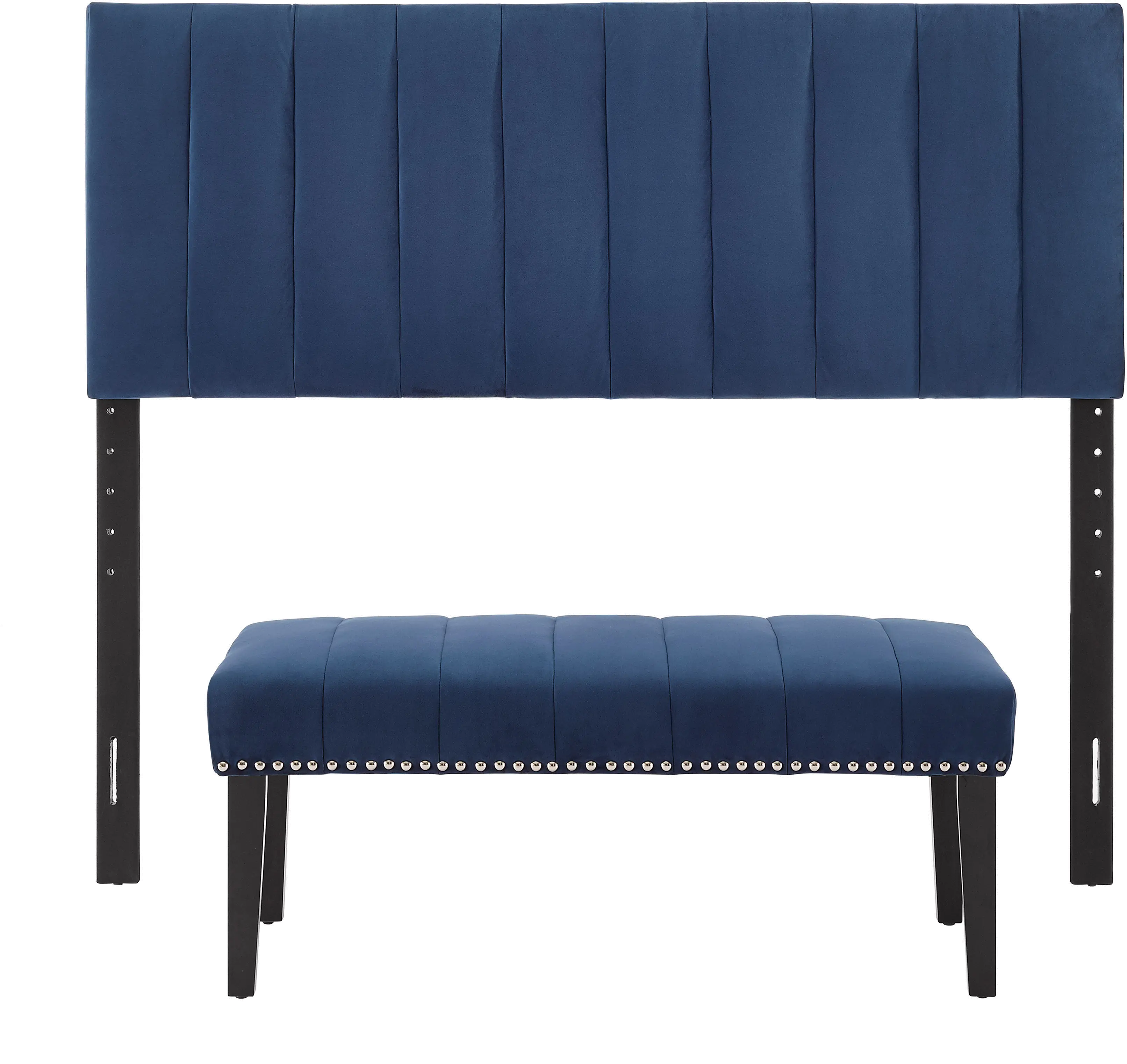 Blue Queen Upholstered Headboard and Bench Set - Modern Eclectic-7
