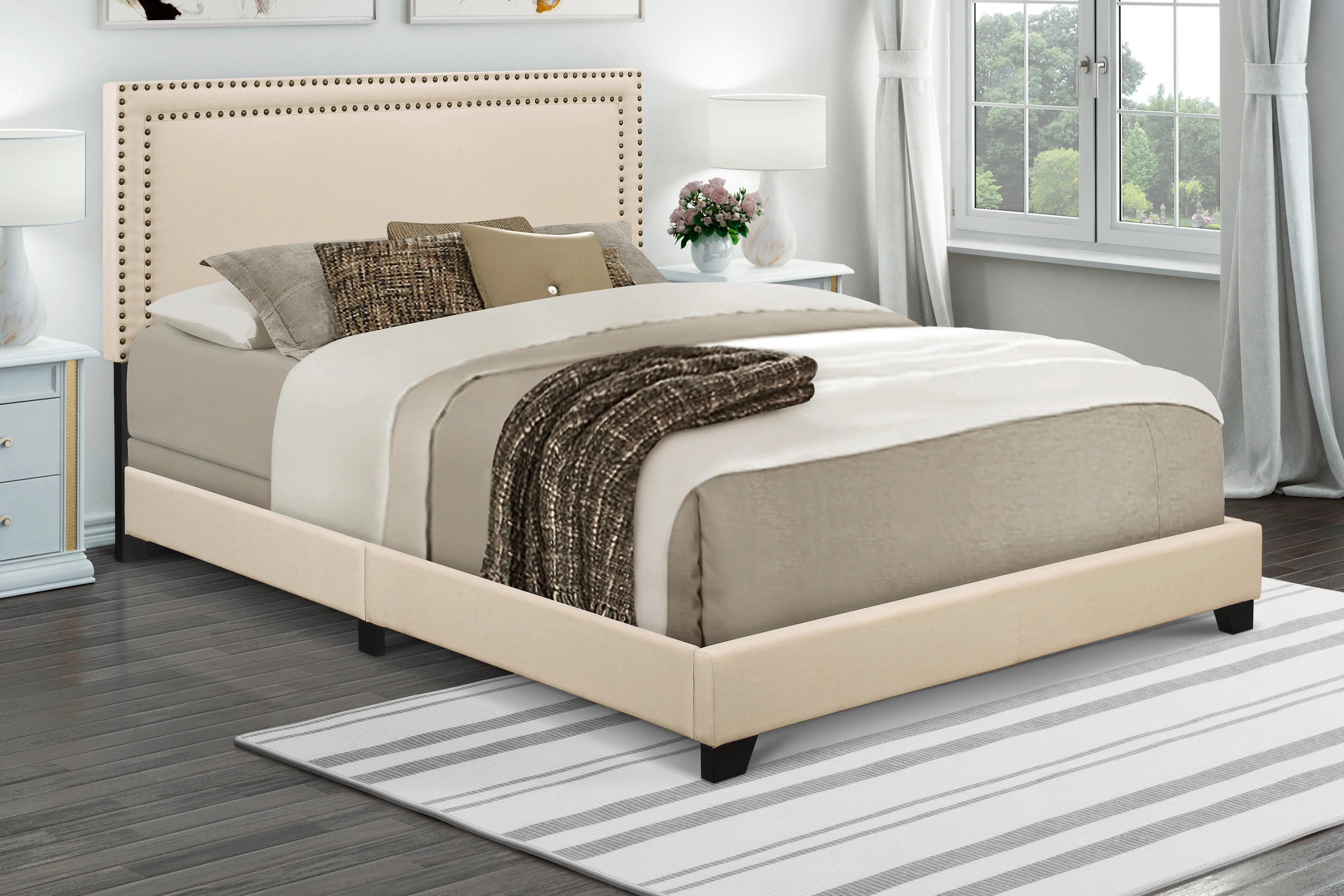 Contemporary Cream Queen Upholstered Bed - Modern Eclectic-1