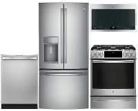 KIT GE Profile 4 Piece Gas Appliance Package with French Door Refrigerator - Stainless Steel