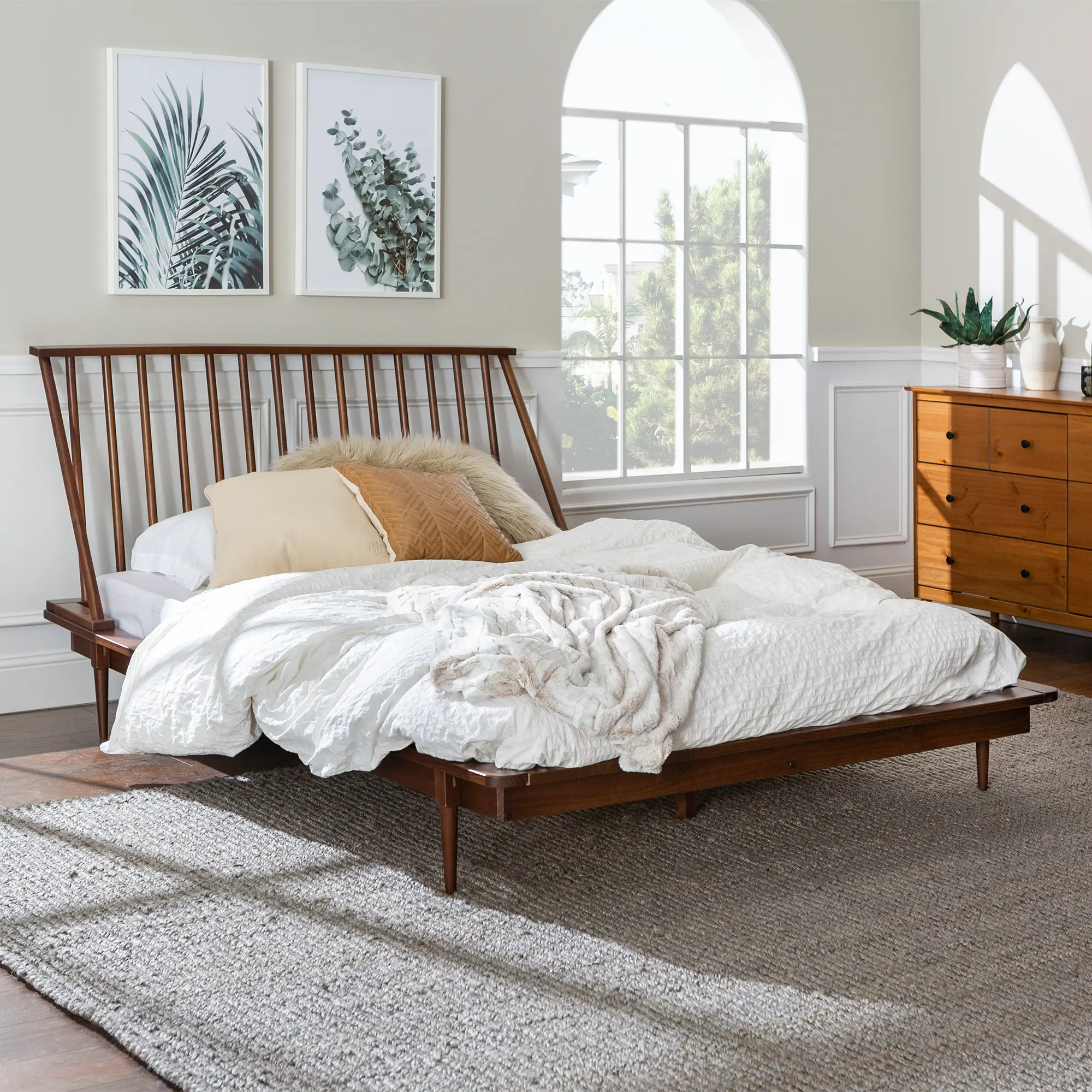 BQSPINWT Modern Walnut Brown Queen Spindle Platform Bed-2