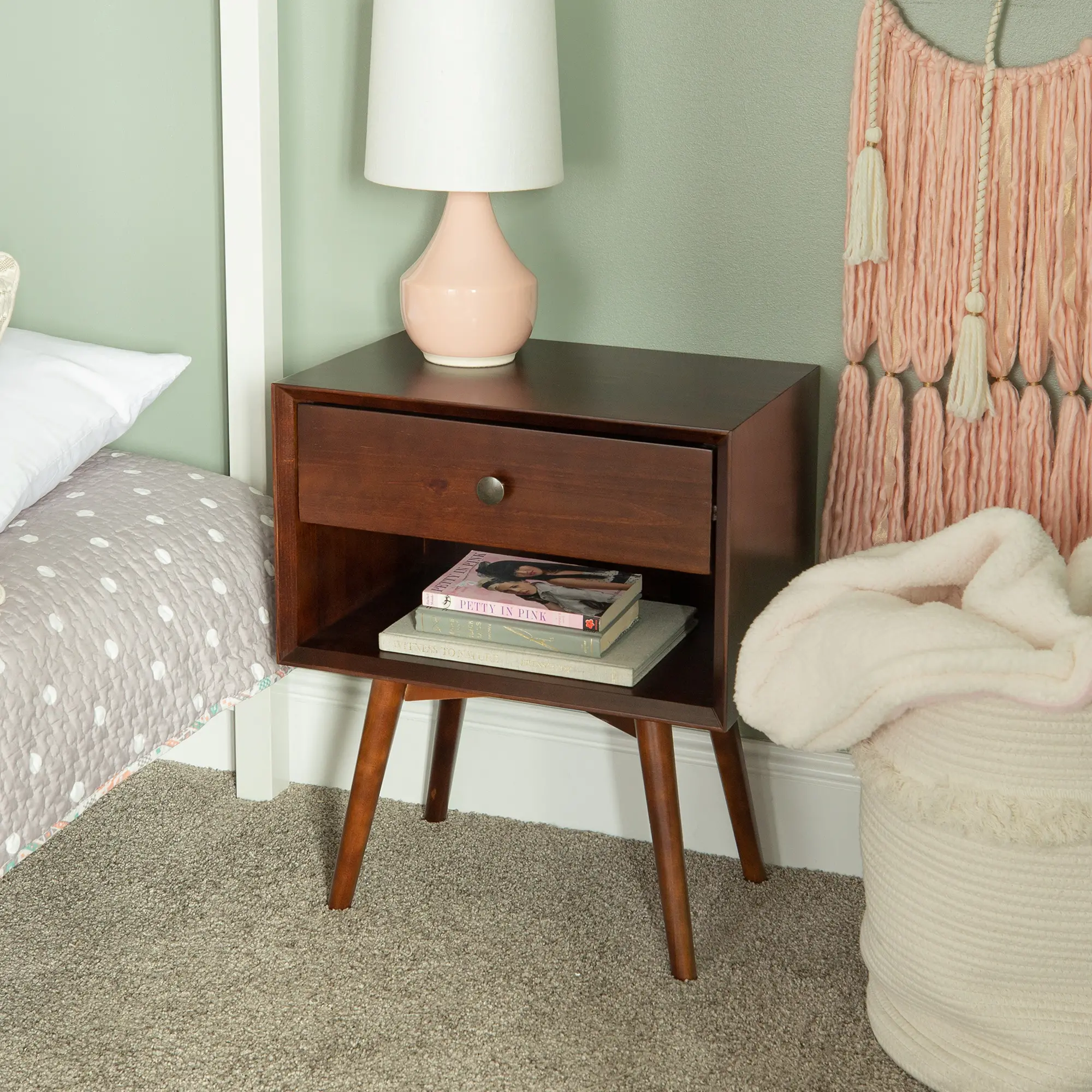 BR25MC1DWT Mid Century Walnut Brown 1-Drawer Nightstand-1