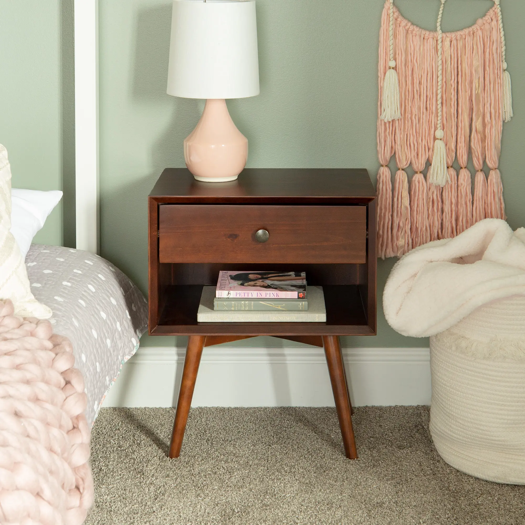 BR25MC1DWT Mid Century Walnut Brown 1-Drawer Nightstand-2