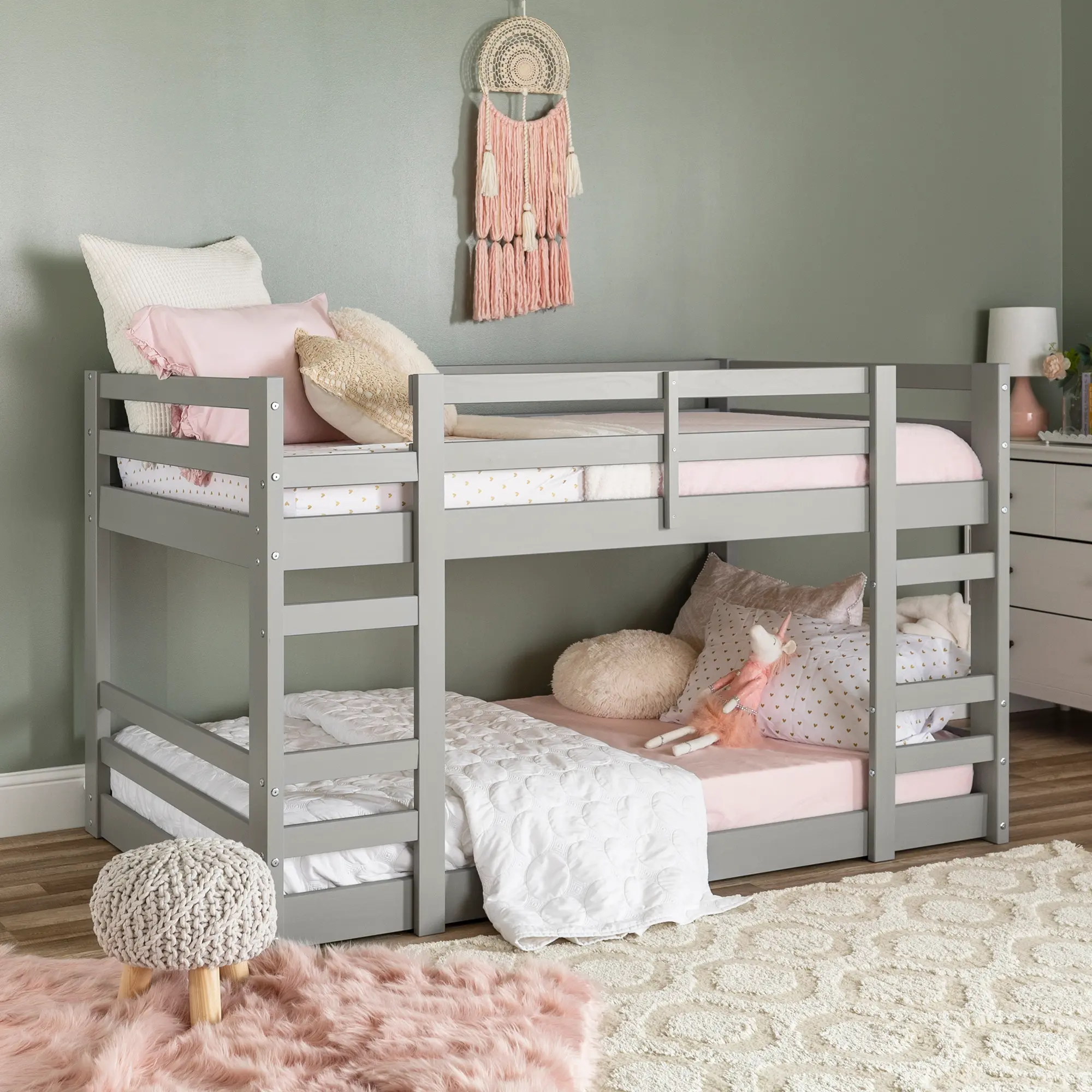 BWJRTOTGY Gray Twin-over-Twin Low Bunk Bed-1