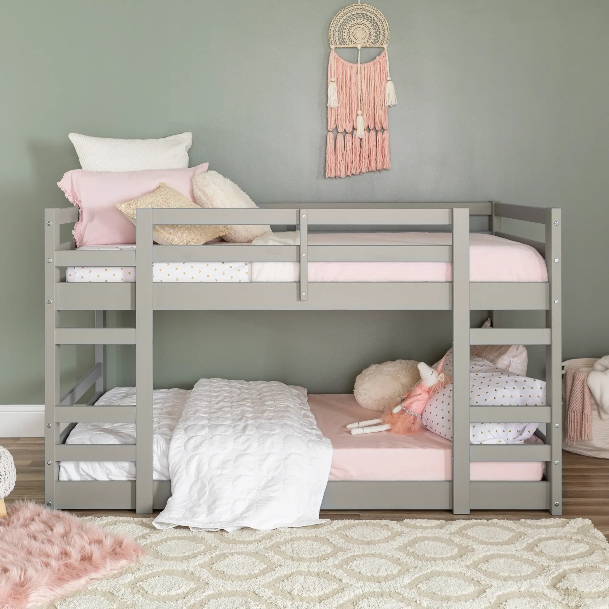 BWJRTOTGY Gray Twin-over-Twin Low Bunk Bed-2