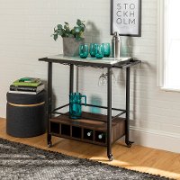 Modern Industrial 34 Inch Bar Serving Cart - White Marble/Dark Walnut-2