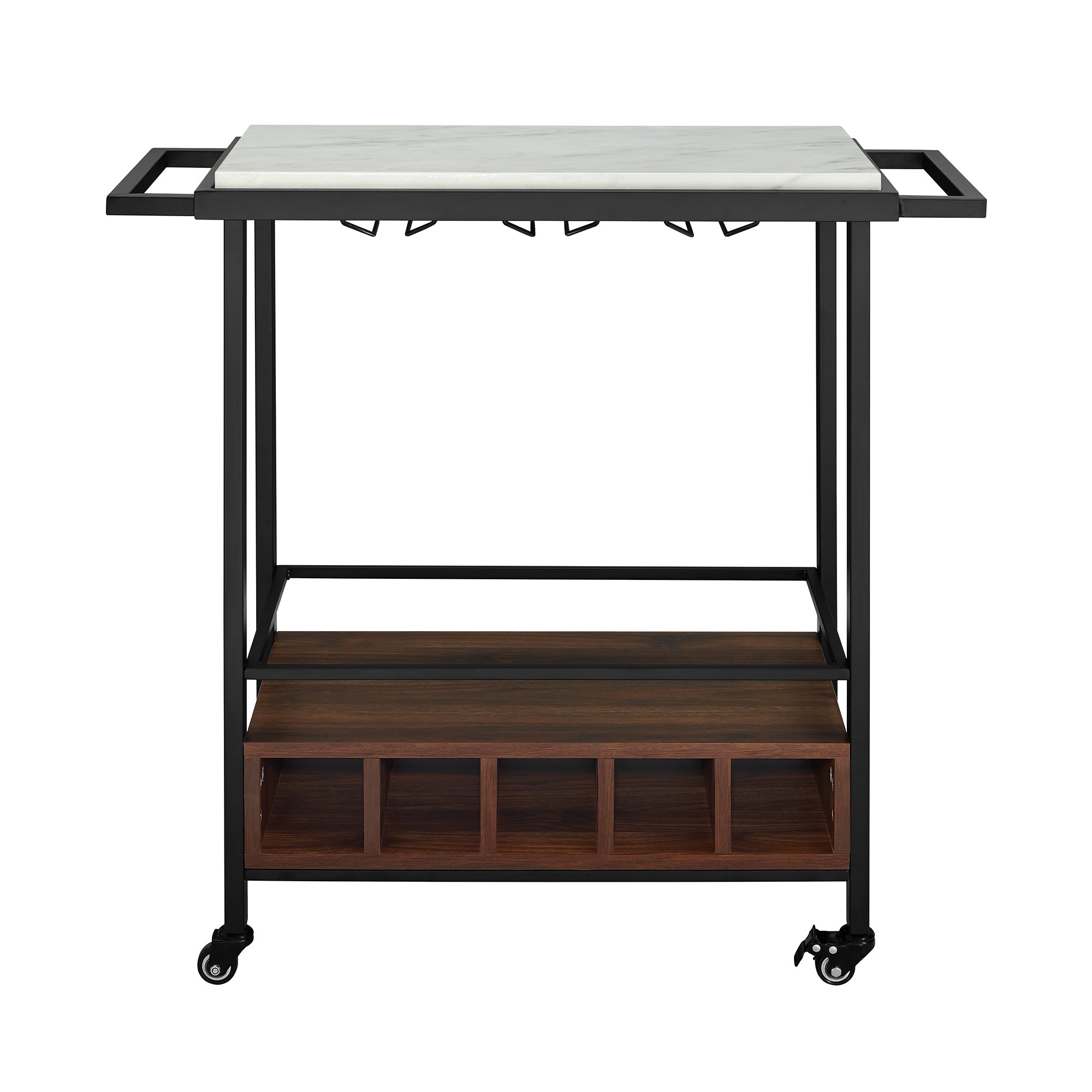 AF34MADWWM Modern Industrial 34 Inch Bar Serving Cart - White Marble/Dark Walnut-3