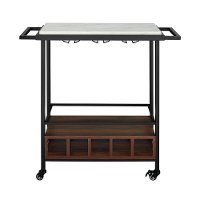 Modern Industrial 34 Inch Bar Serving Cart - White Marble/Dark Walnut-3