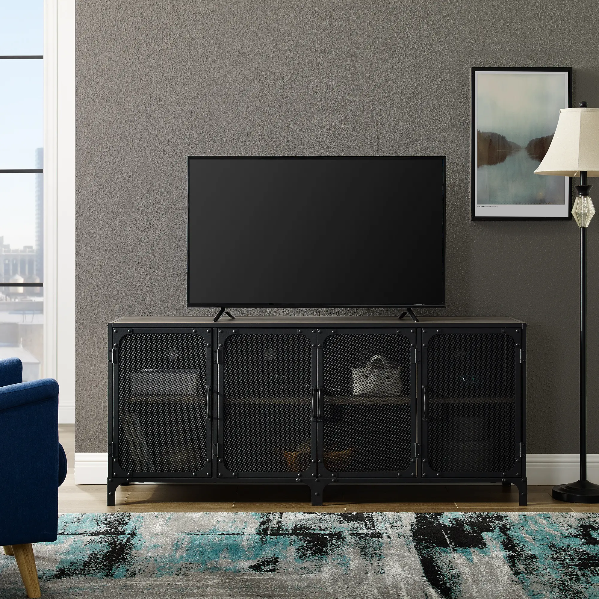 W60SOI4DGW Industrial 60 Inch Gray TV Stand - Mesh and Wood-1