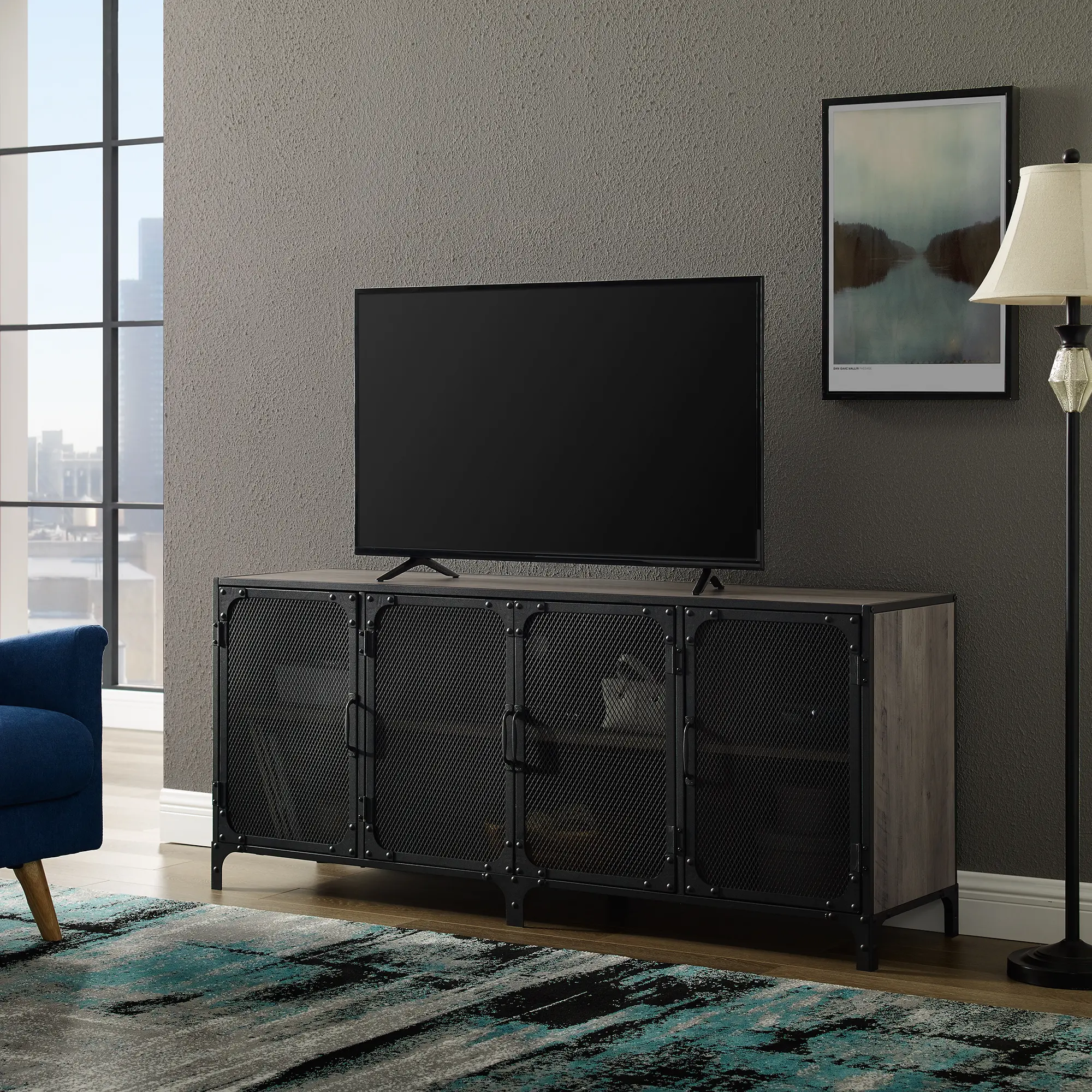 W60SOI4DGW Industrial 60 Inch Gray TV Stand - Mesh and Wood-2